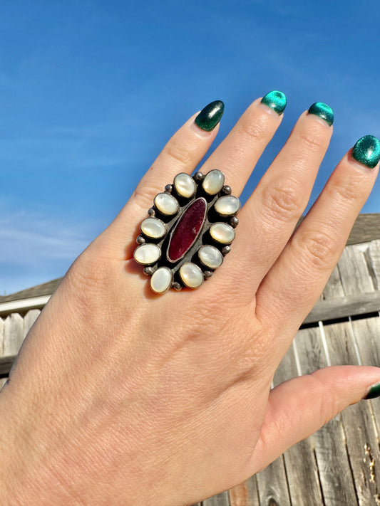 Sterling Silver Mother of Pearl and Spiny Oyster Cluster Ring
