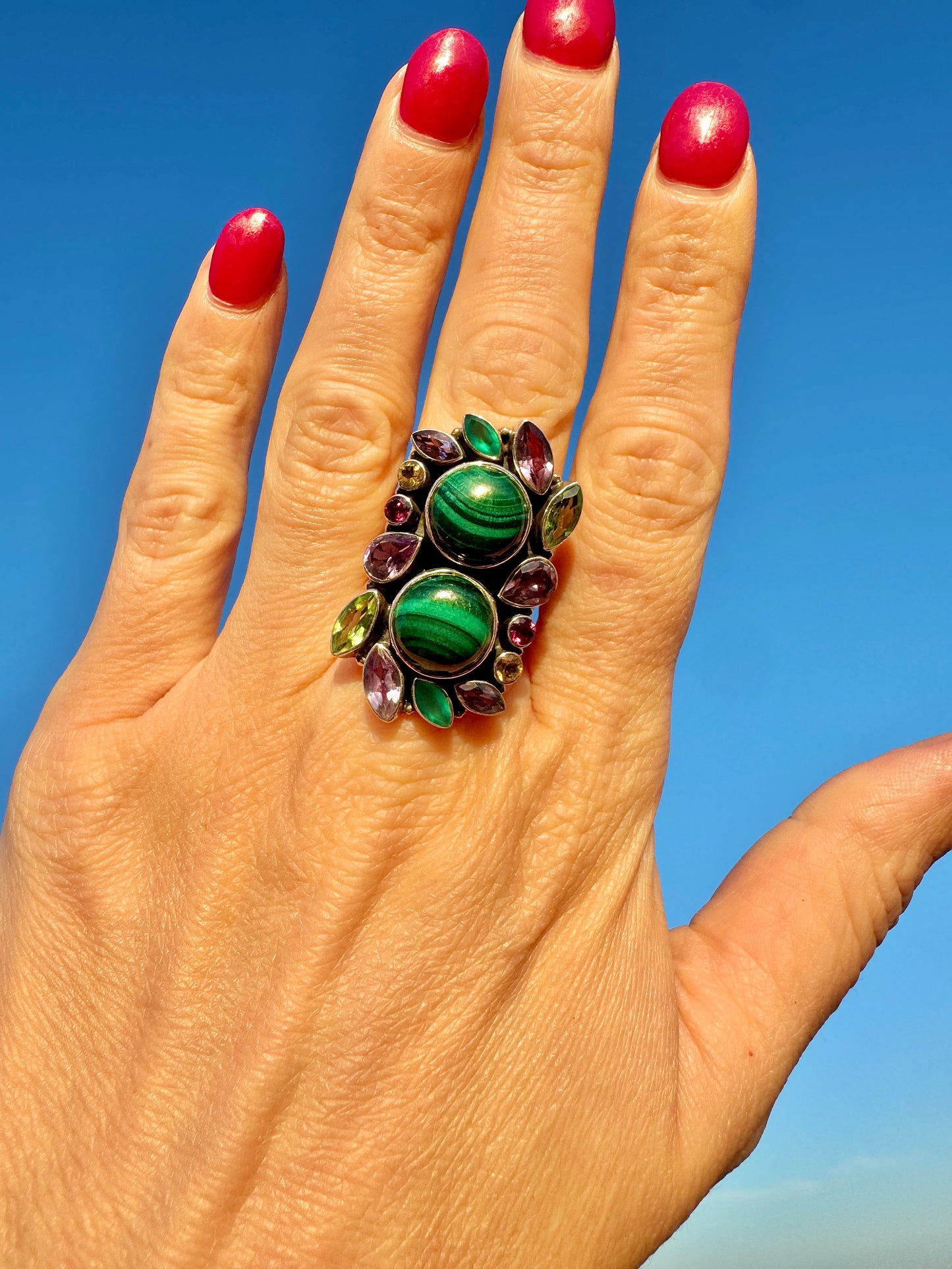 Sterling Silver Malachite and Gemstone Ring