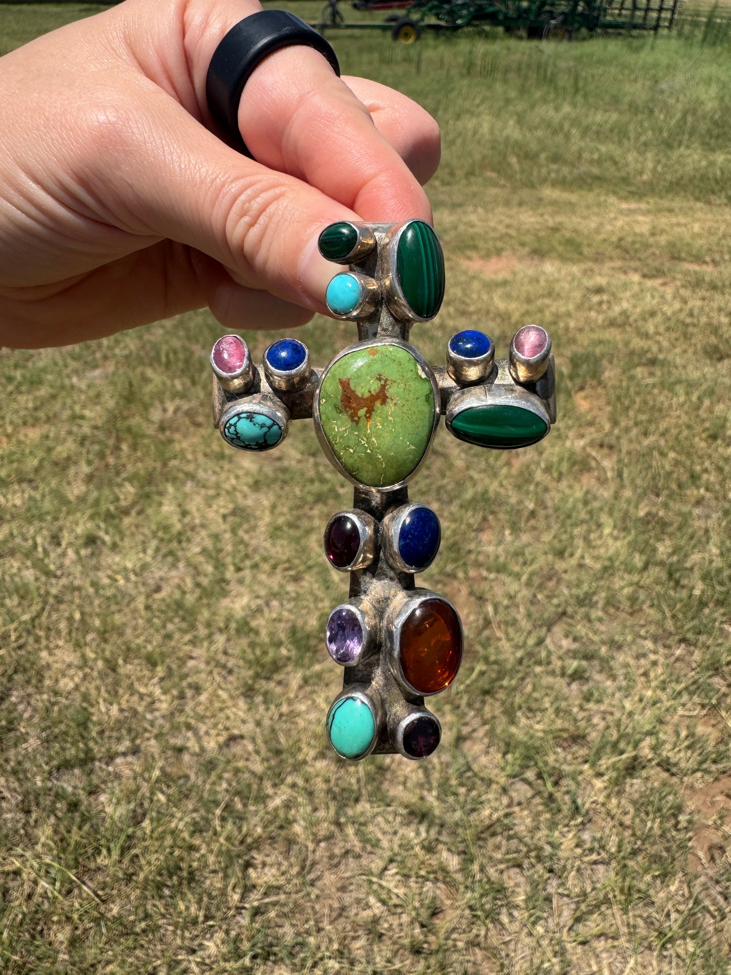 Large Sterling Multi-Stone Cross signed by artist Pendant Enhancer