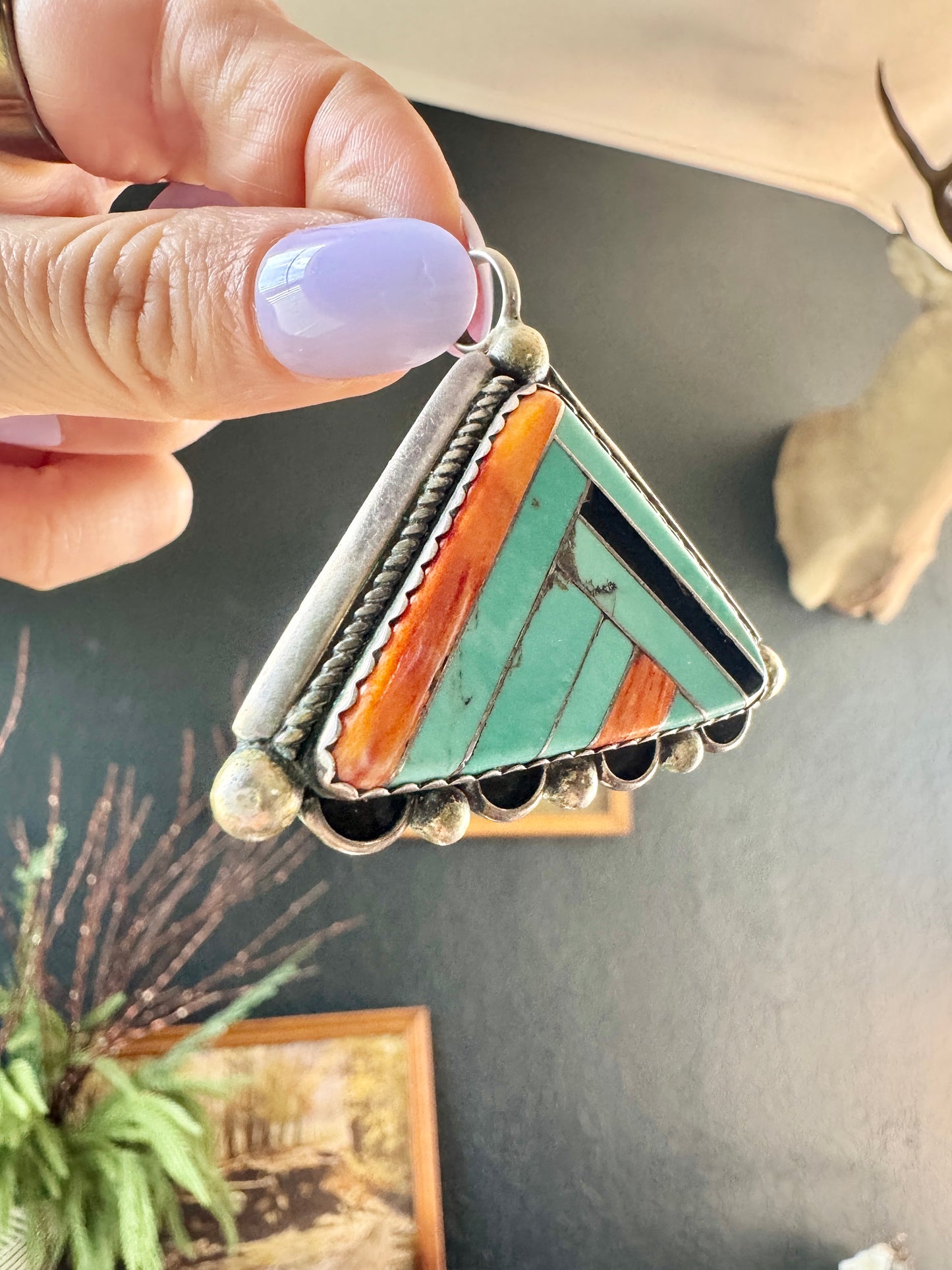 Vintage Native Sterling Turquoise and Spiny Oyster Signed Pendant