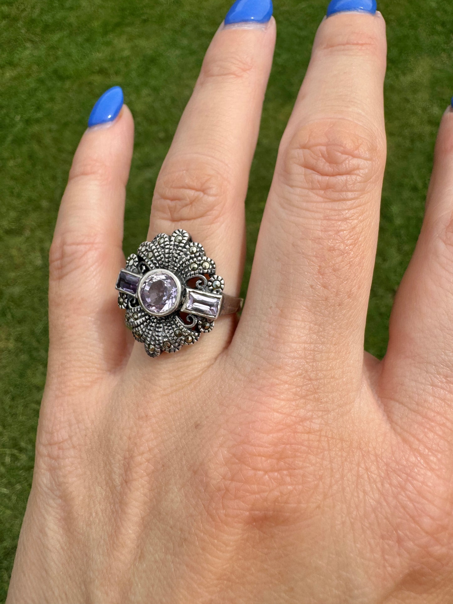 Vintage Sterling Silver Amethyst and Marcasite Ring