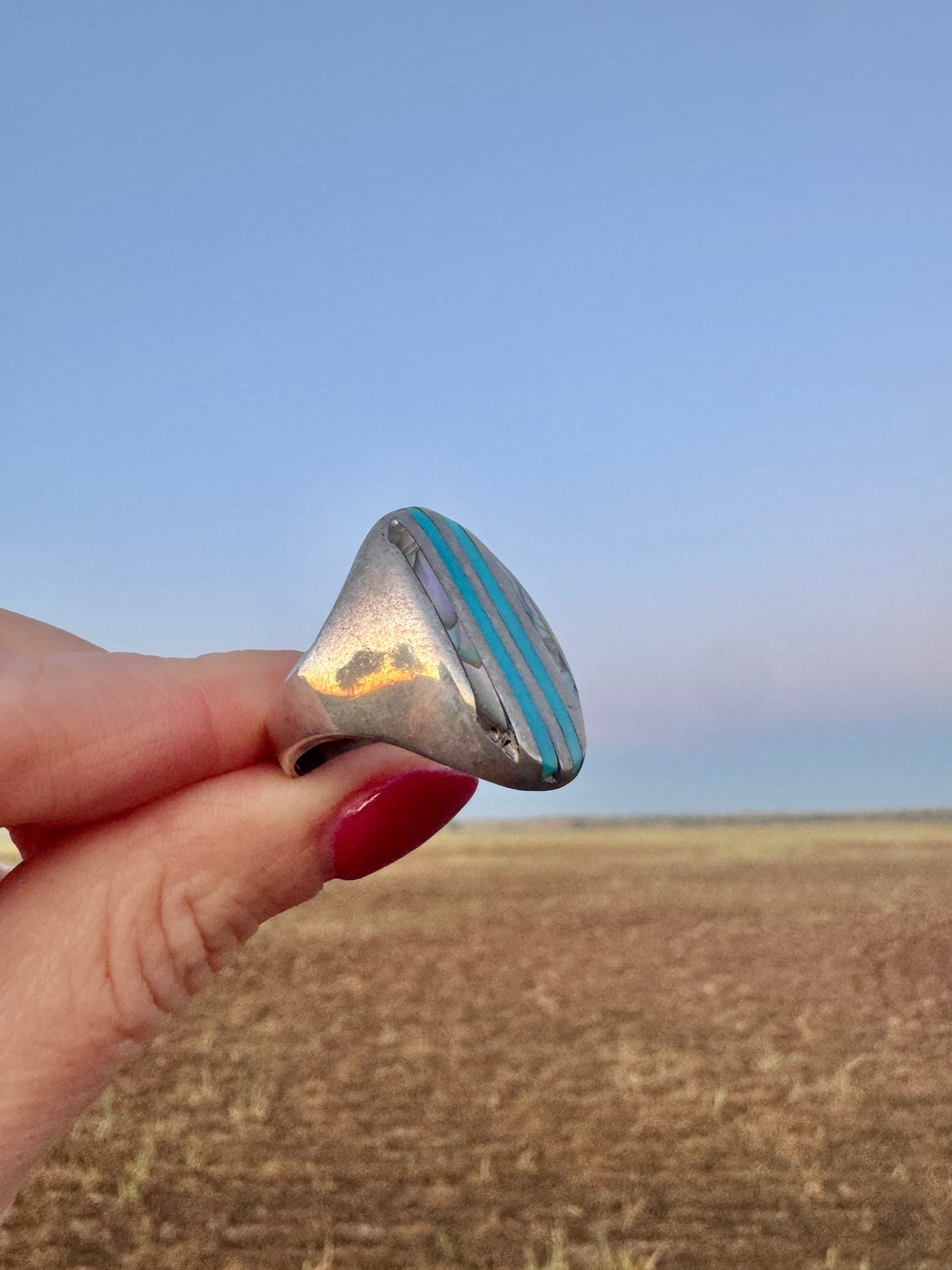Large Vintage Sterling Abalone and Turquoise Ring