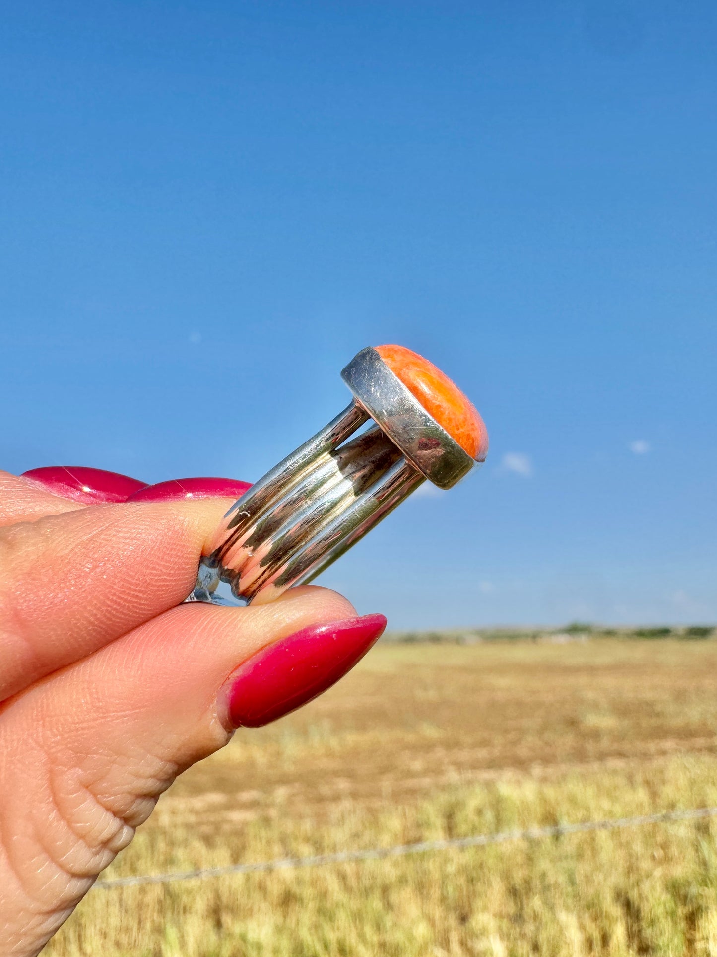 Sterling Silver Orange Spiny Oyster Bar Ring