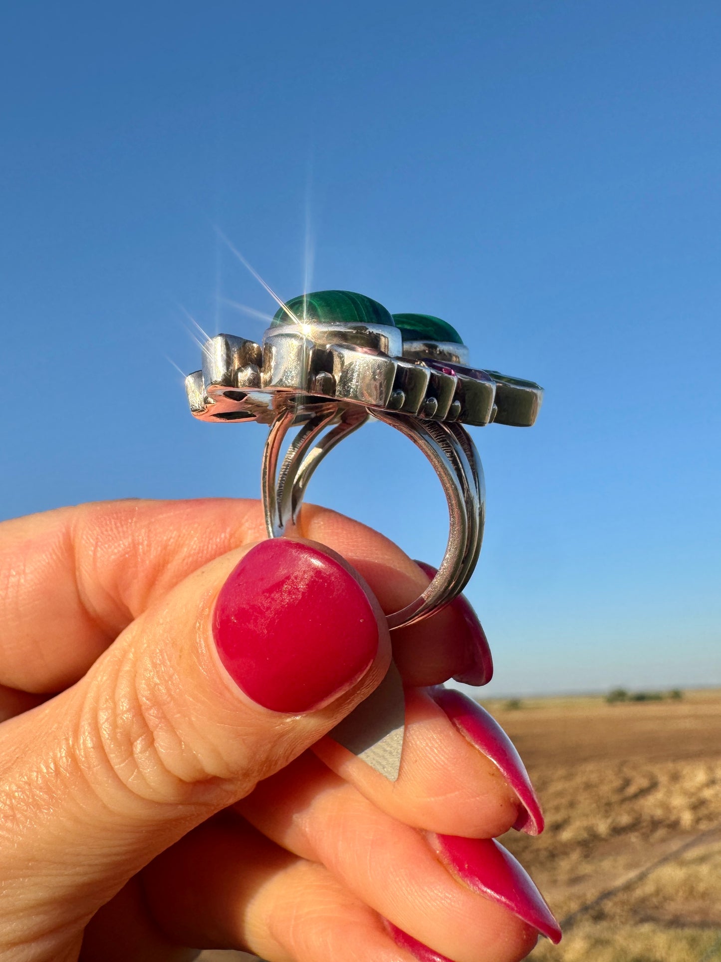 Sterling Silver Malachite and Gemstone Ring