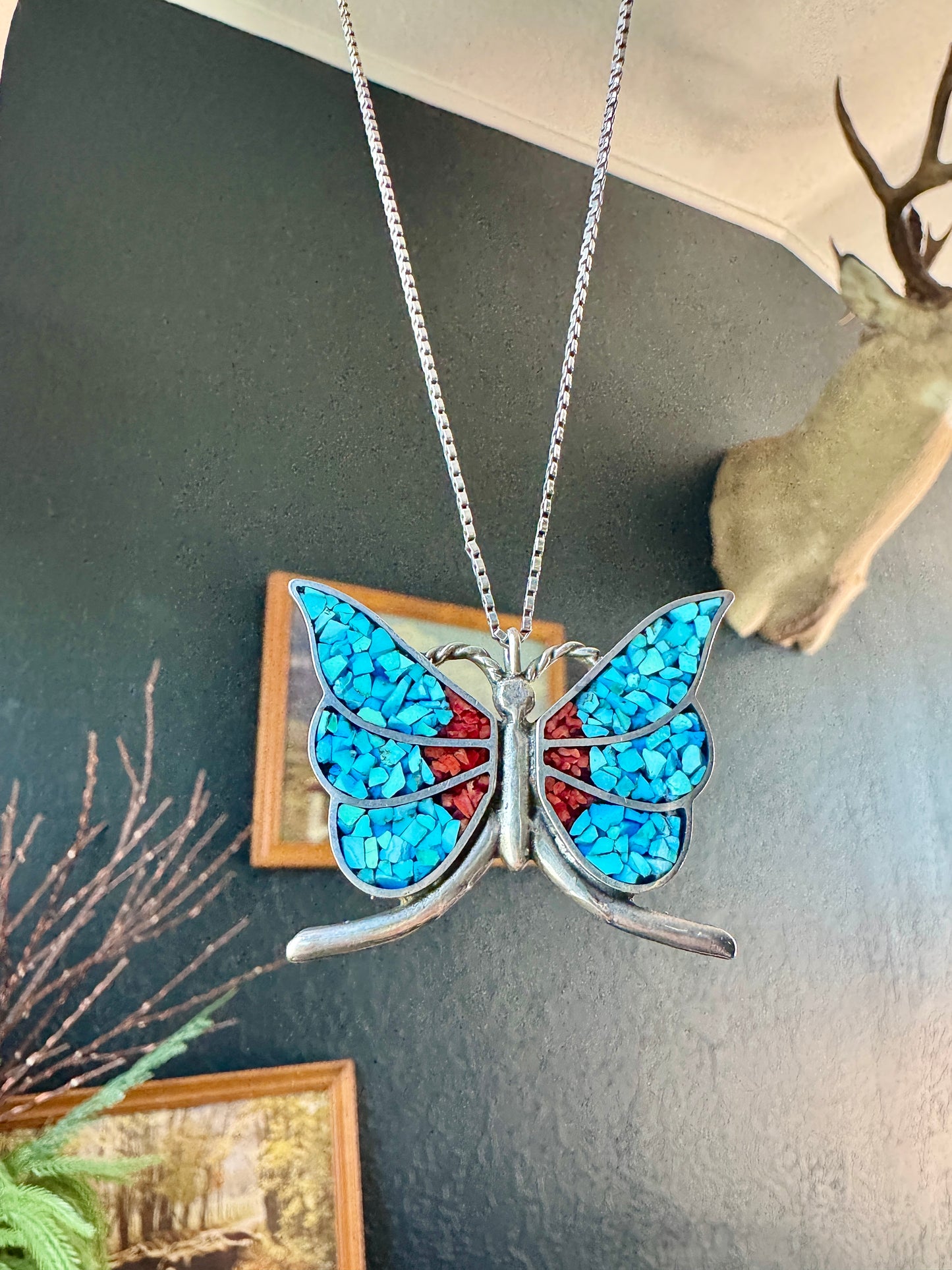 Sterling Silver Turquoise and Coral Signed Butterfly Necklace