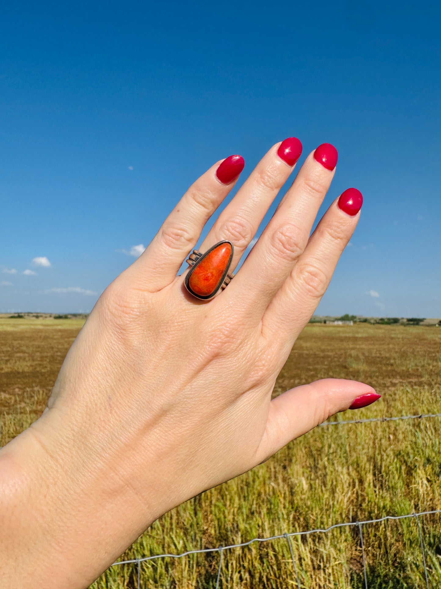 Vintage Sterling Orange Spiny Oyster Ring Signed