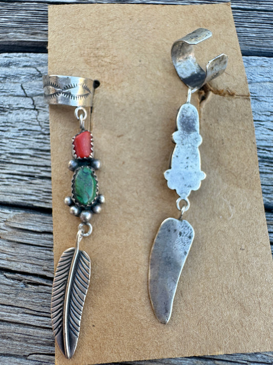 Vintage Sterling Silver Turquoise and Coral Feather Earring Cuffs