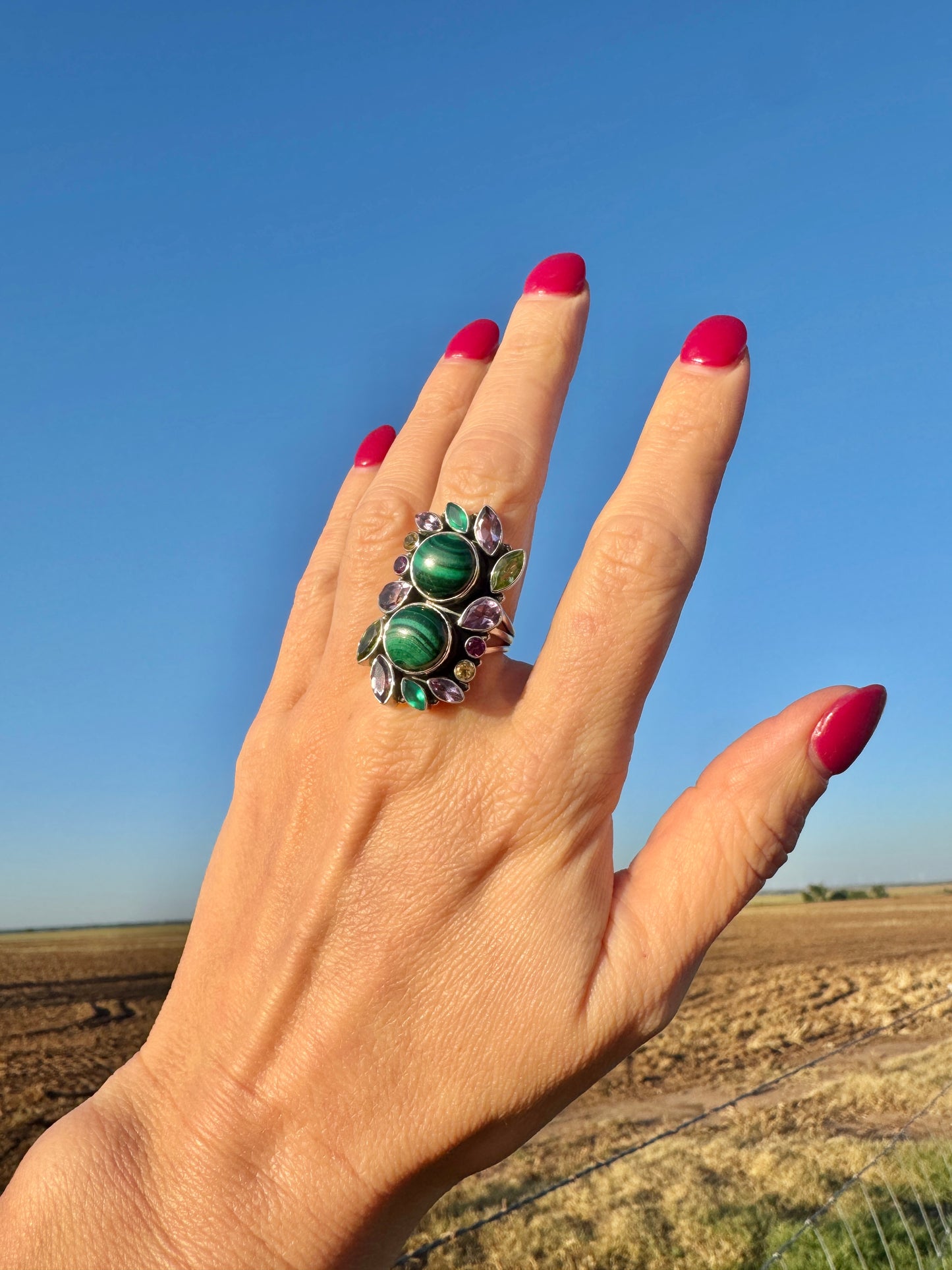 Sterling Silver Malachite and Gemstone Ring