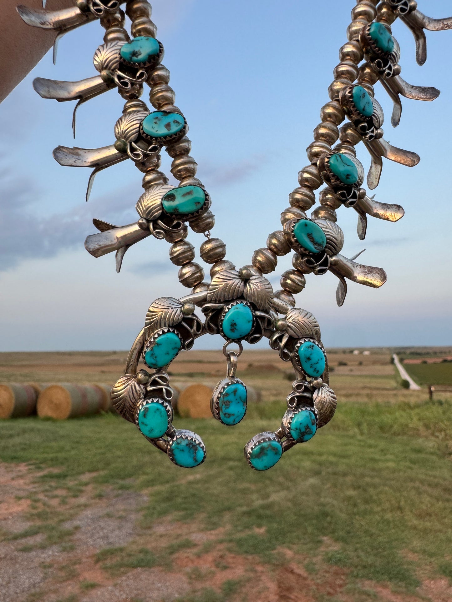 Vintage Sterling Native Turquoise Squash Blossom Necklace