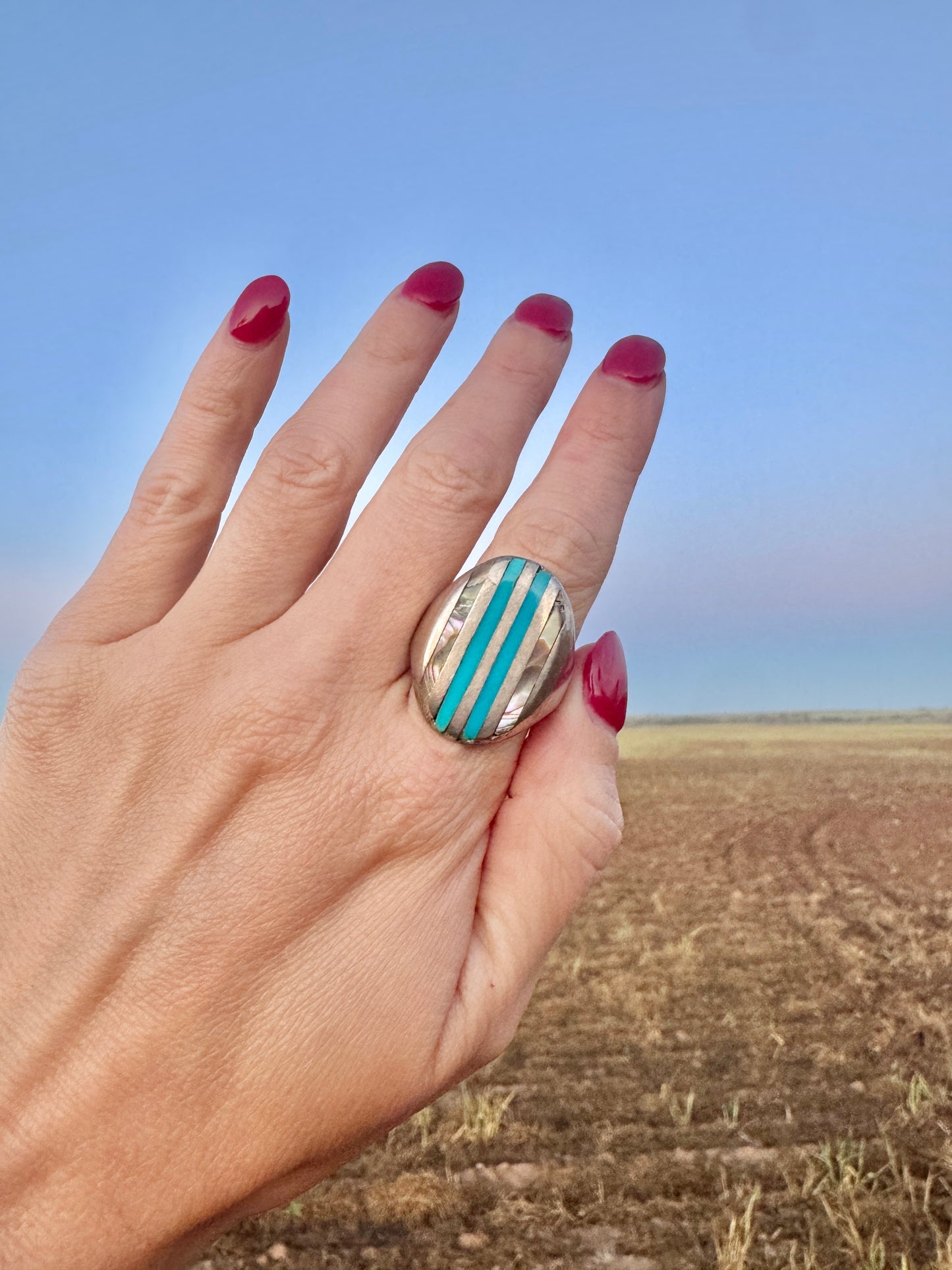 Large Vintage Sterling Abalone and Turquoise Ring