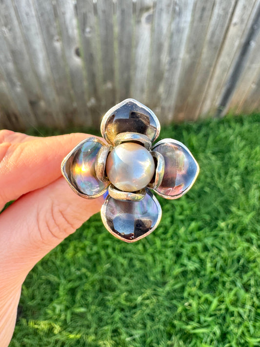 Sterling Silver Abalone and Pearl Flower Ring