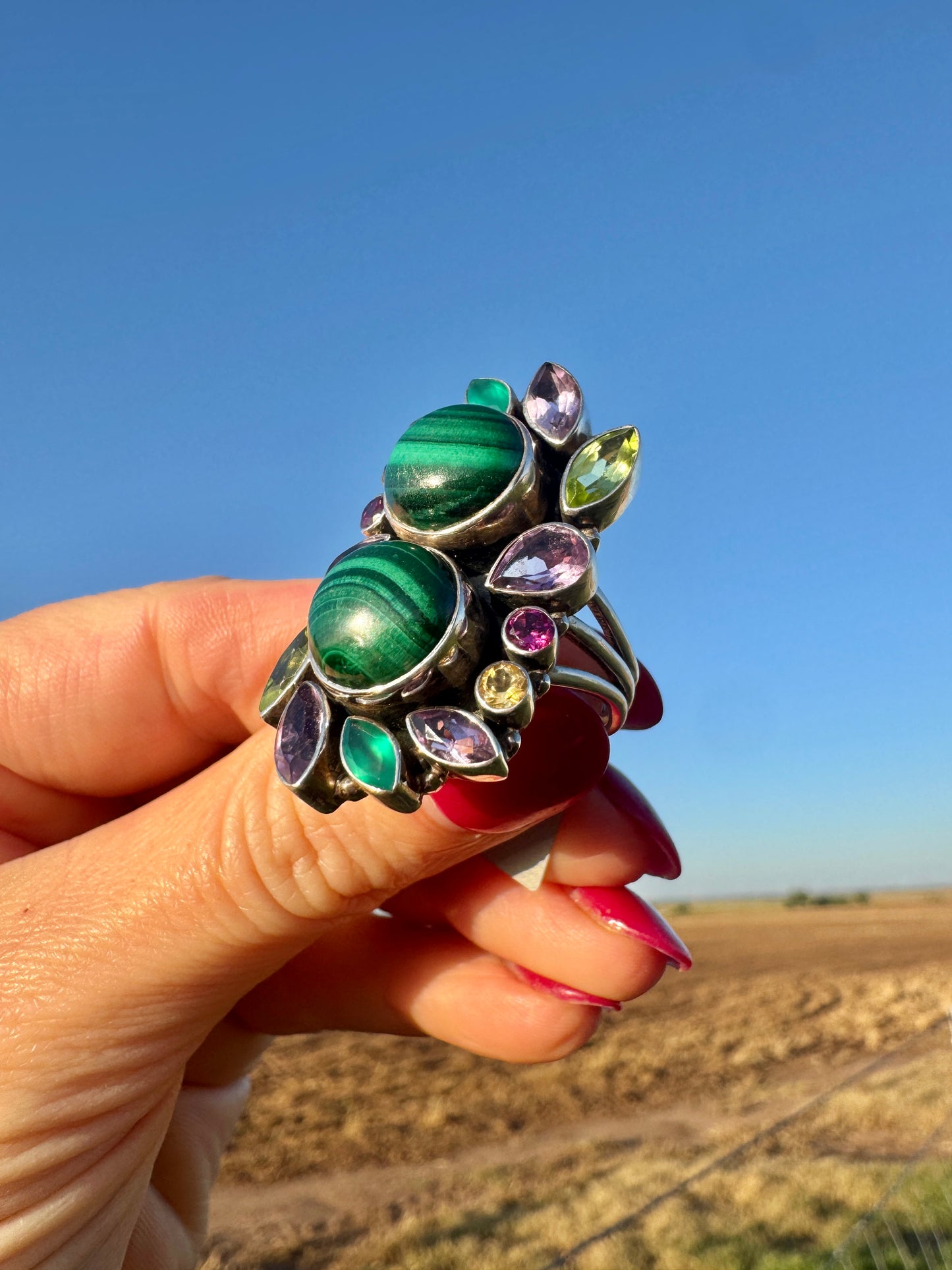 Sterling Silver Malachite and Gemstone Ring