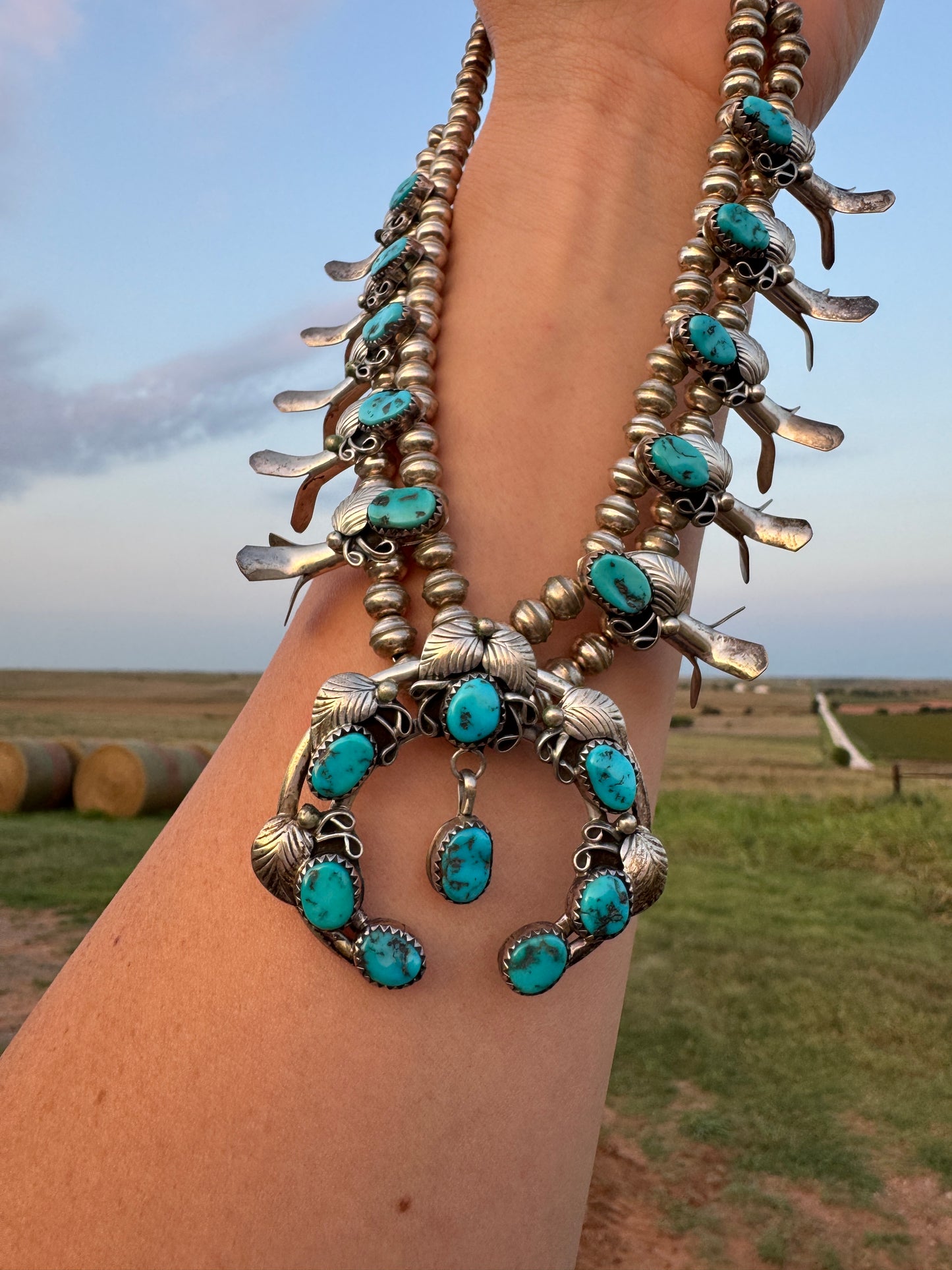 Vintage Sterling Native Turquoise Squash Blossom Necklace