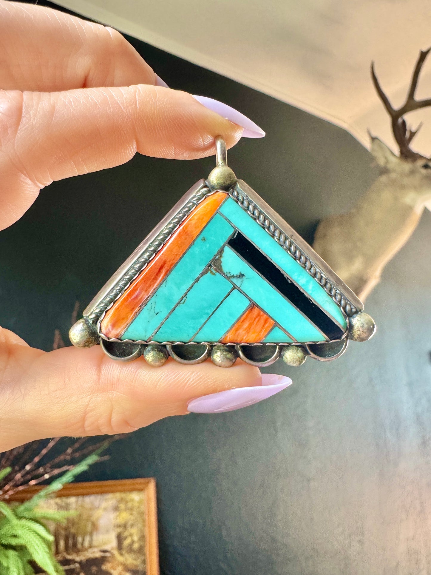 Vintage Native Sterling Turquoise and Spiny Oyster Signed Pendant