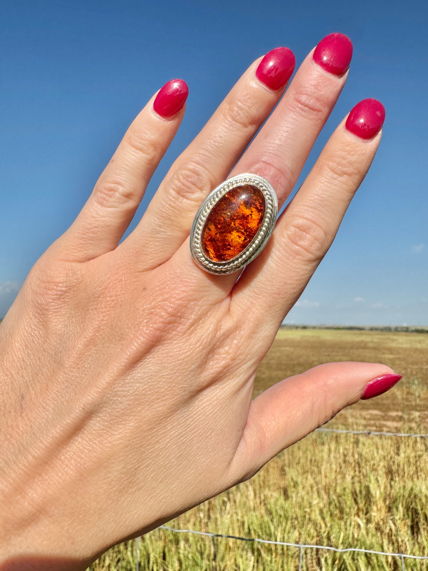 Large Sterling Silver Oval Amber Ring