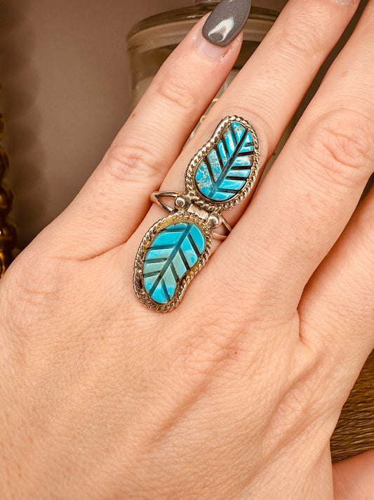 Vintage Native American Handmade Sterling Silver Leaf Feather Turquoise Ring