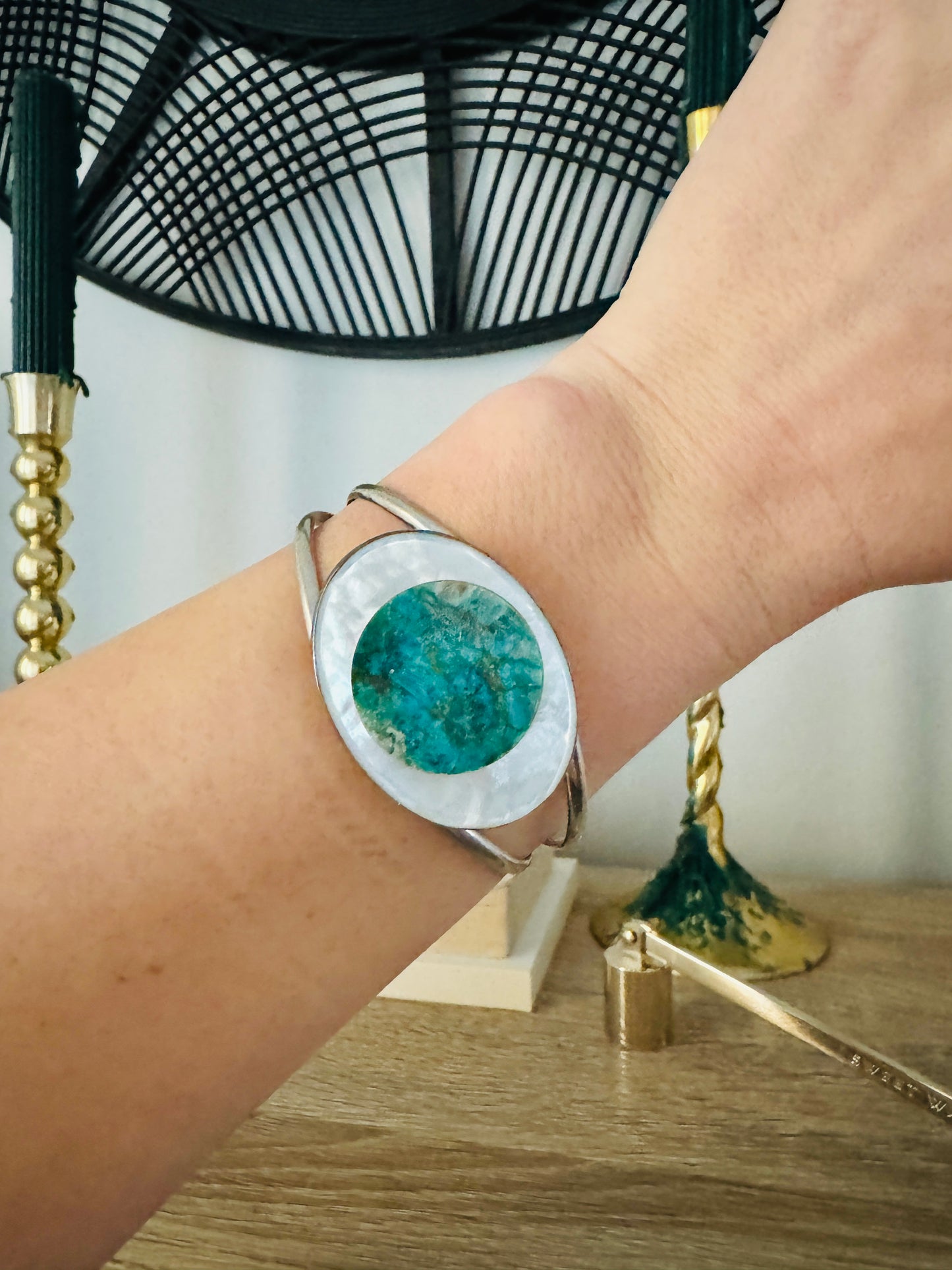 Sterling Silver Mother of Pearl and Turquoise Cuff Bracelet