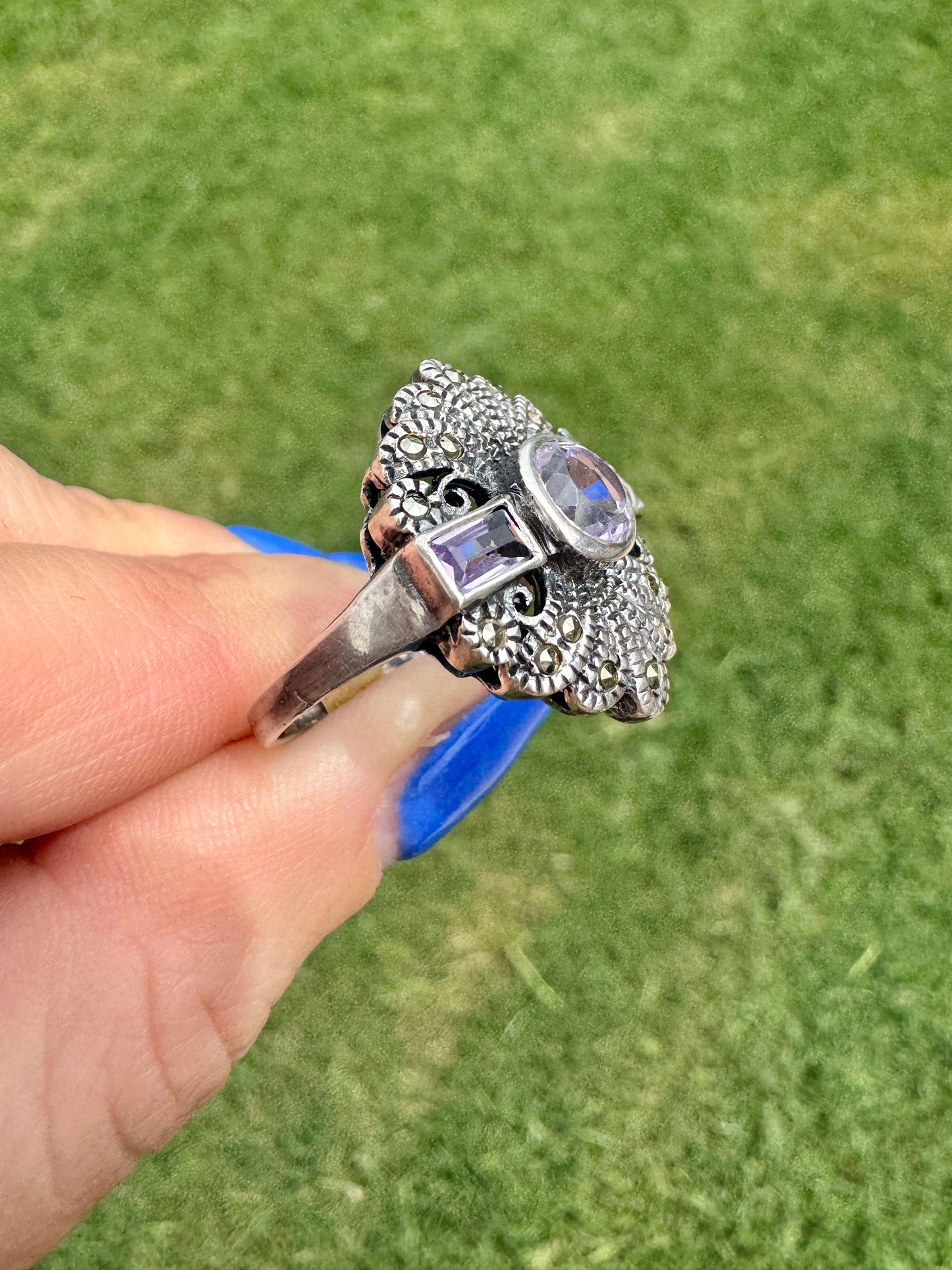 Vintage Sterling Silver Amethyst and Marcasite Ring