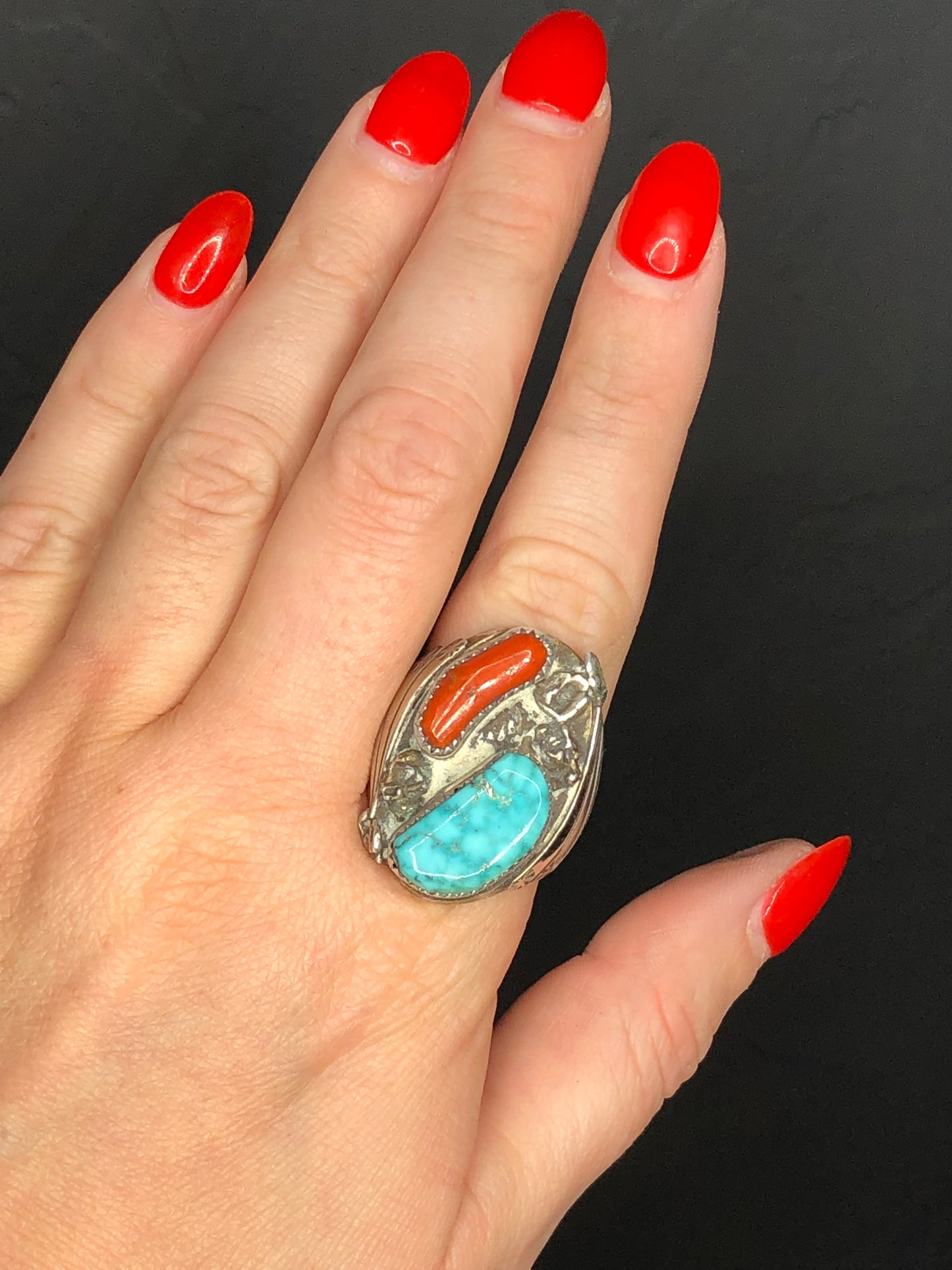 Old Pawn Sterling Turquoise + Coral Ring Signed