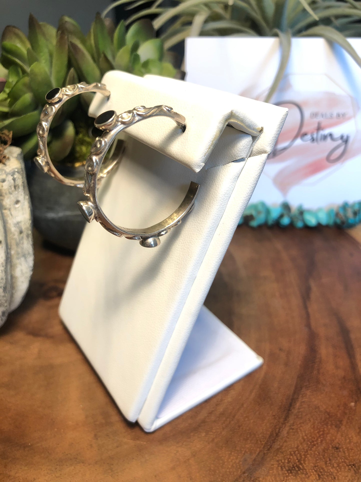 Vintage Black Onyx Sterling Silver Hoop Earrings