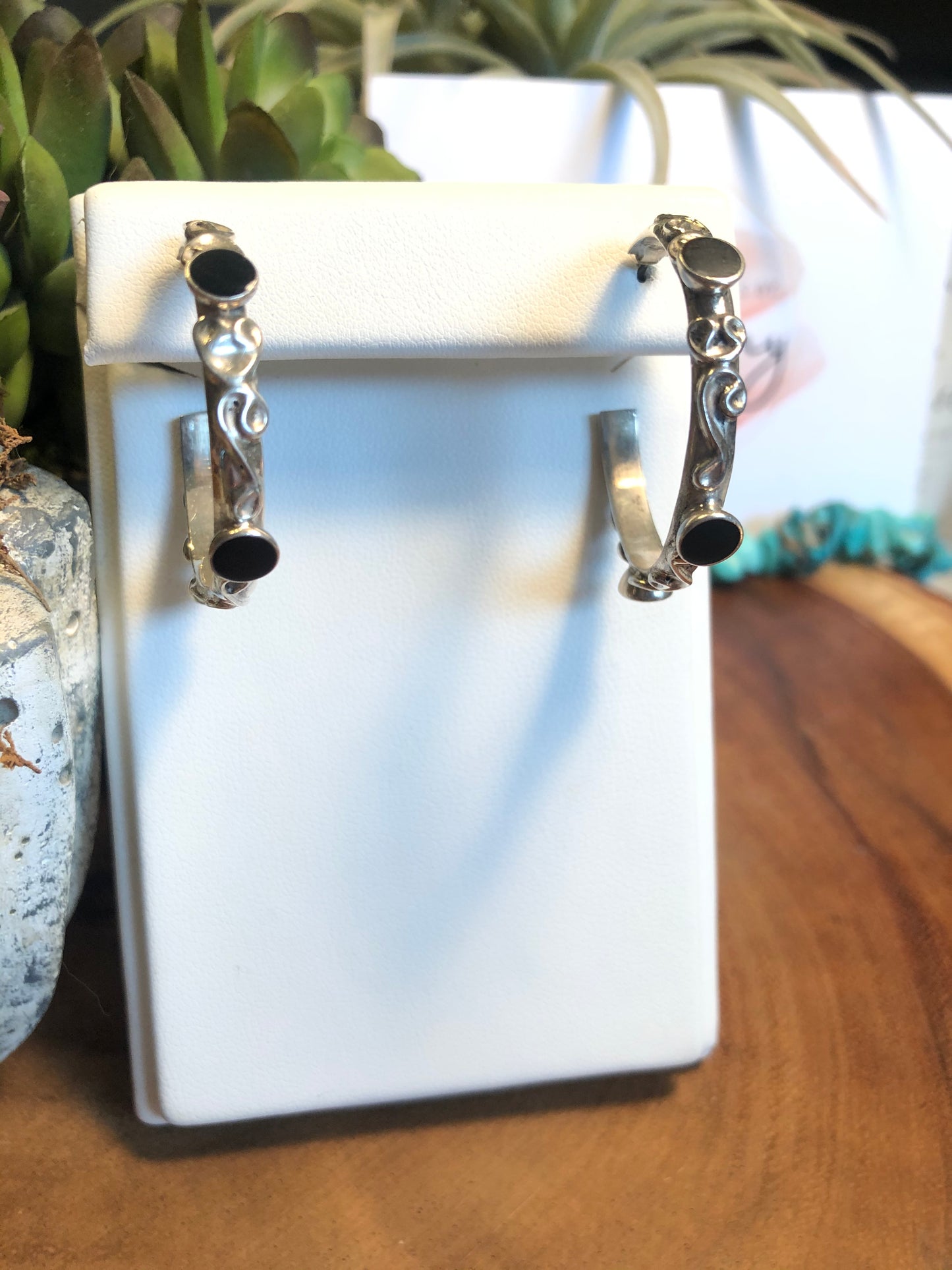 Vintage Black Onyx Sterling Silver Hoop Earrings