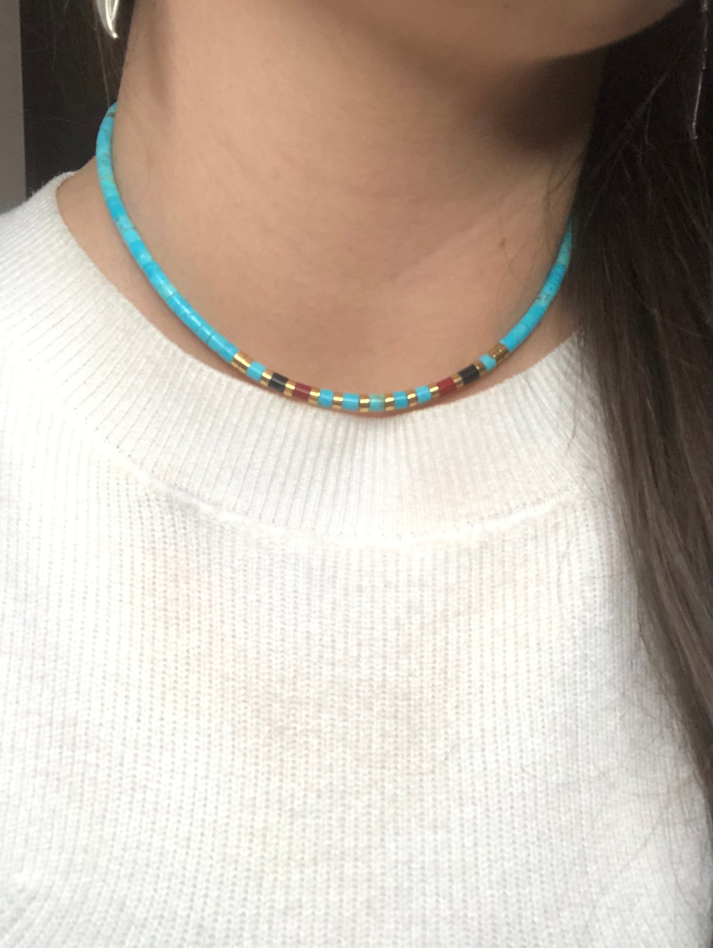 Sterling Silver Turquoise, Coral, Black onyx, and GF Bead Necklace