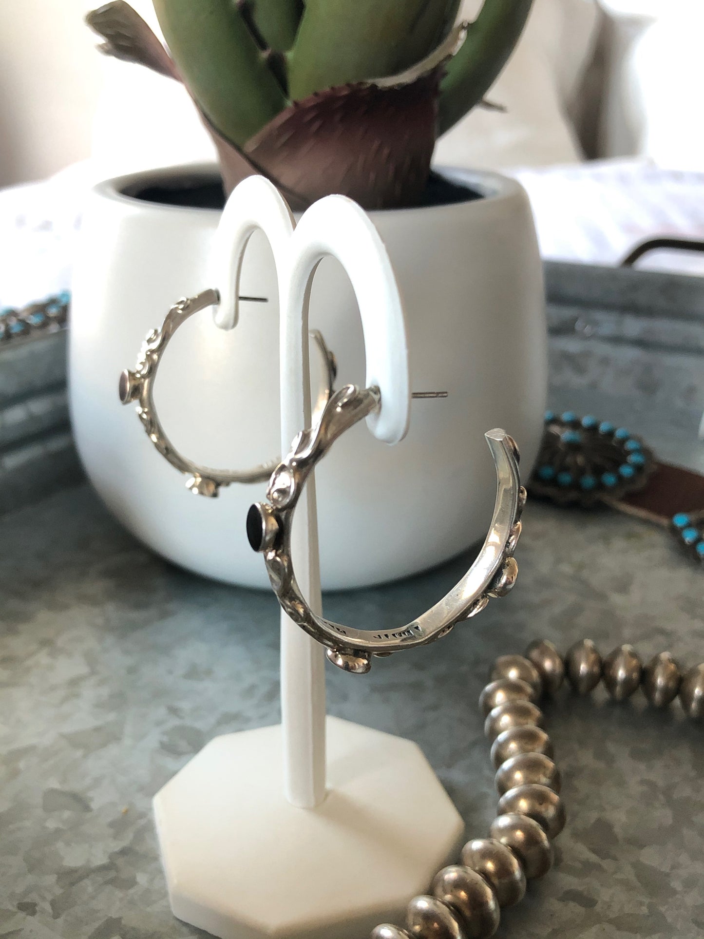 Vintage Black Onyx Sterling Silver Hoop Earrings