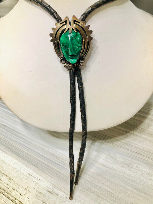 Old Pawn Vintage Brass + Silver Malachite Stone Face Bolo Tie