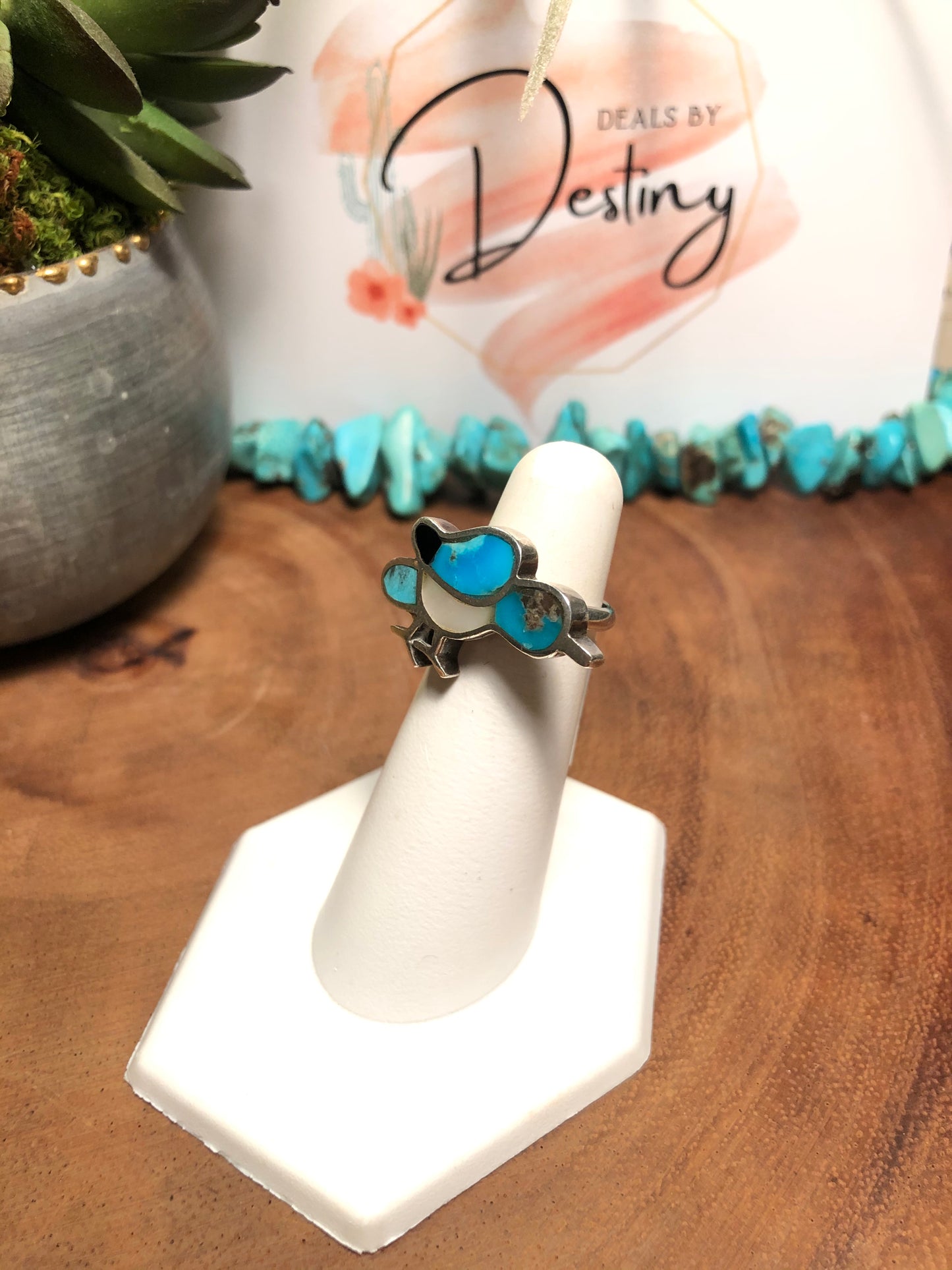 Vintage Sterling Silver Turquoise and Mother of Pearl Bird Ring