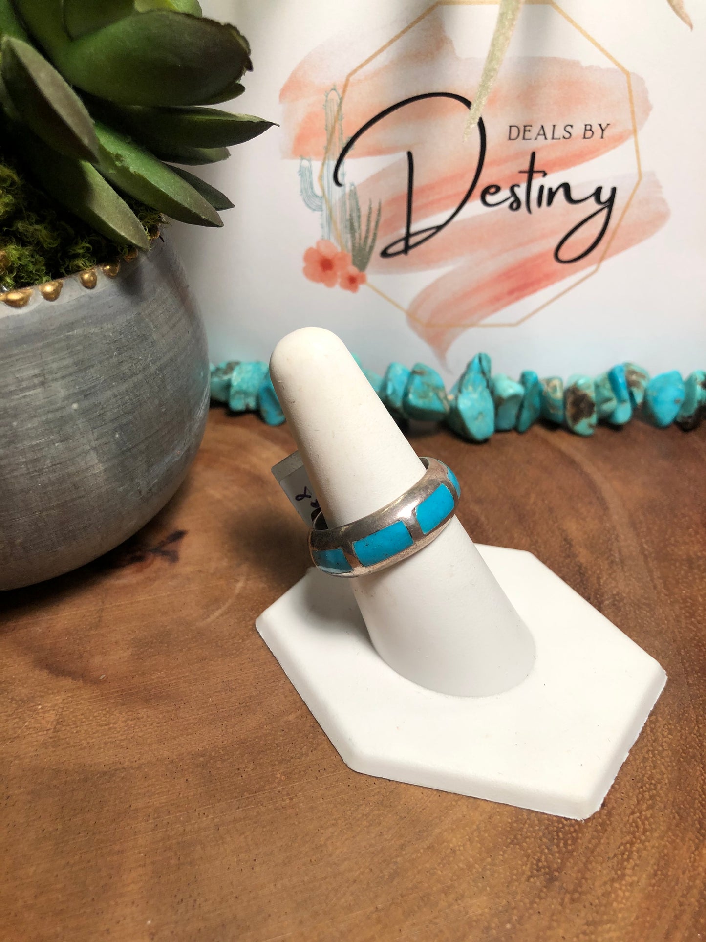 Vintage Sterling Silver Turquoise Inlay Eternity Ring