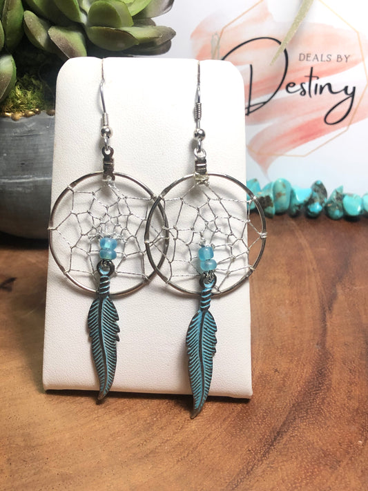 Large  Dream Catcher Turquoise Feather Earrings