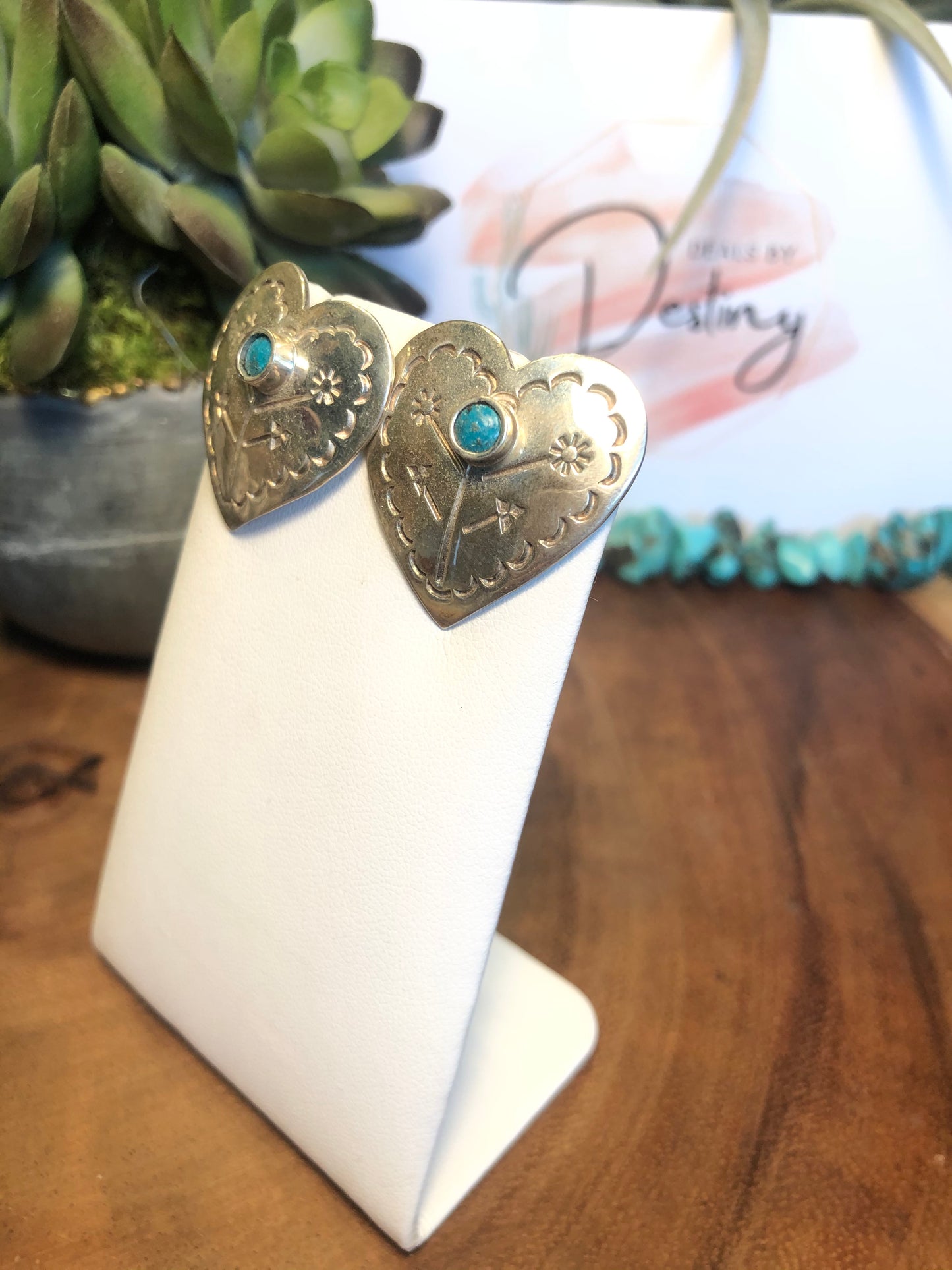 Vintage Sterling Silver Heart and Flower Turquoise Earrings
