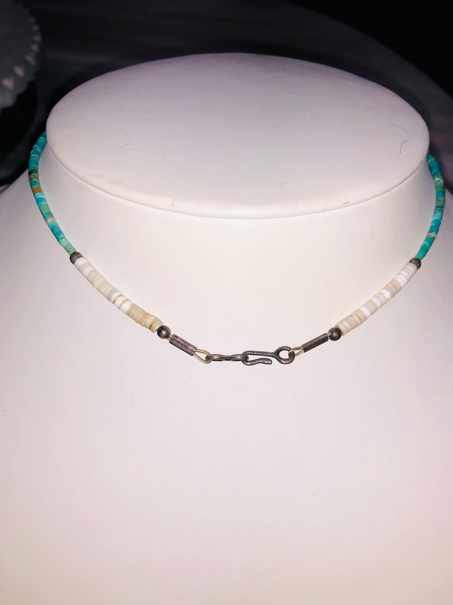 Vintage Sterling Turquoise + White Heishi Bead Necklace