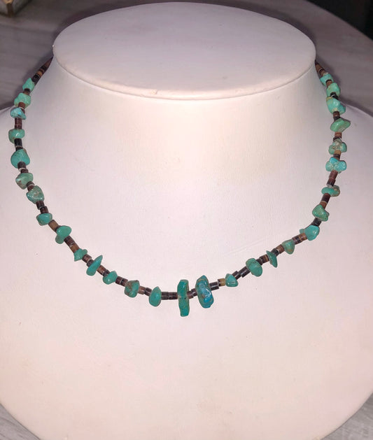 Old Pawn Vintage Sterling 18" Raw Turquoise + Heishi Necklace