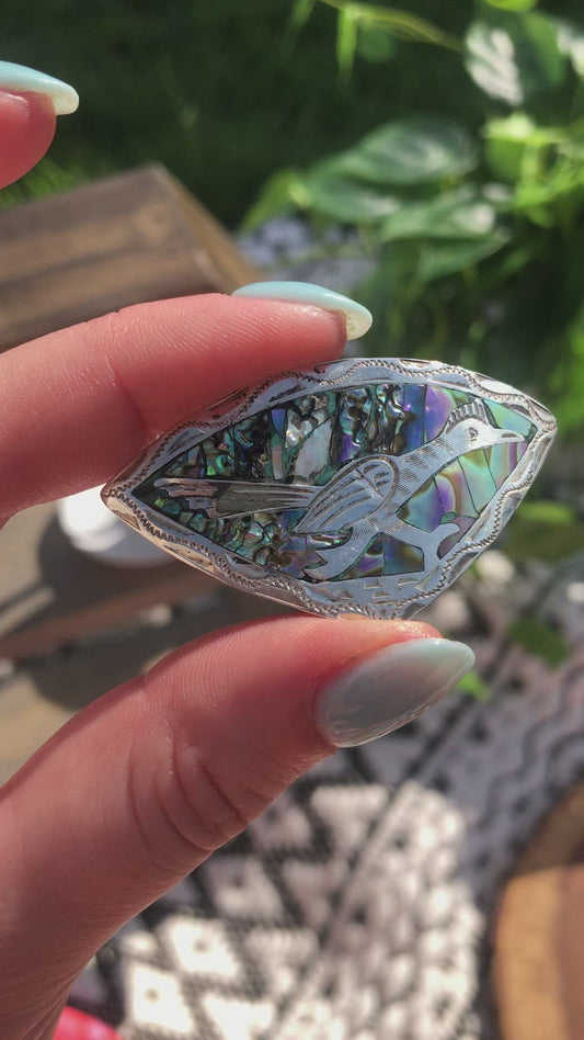 BEAUTIFUL Vintage Sterling Silver Road Runner Abalone Shell Inlay Bolo Signed