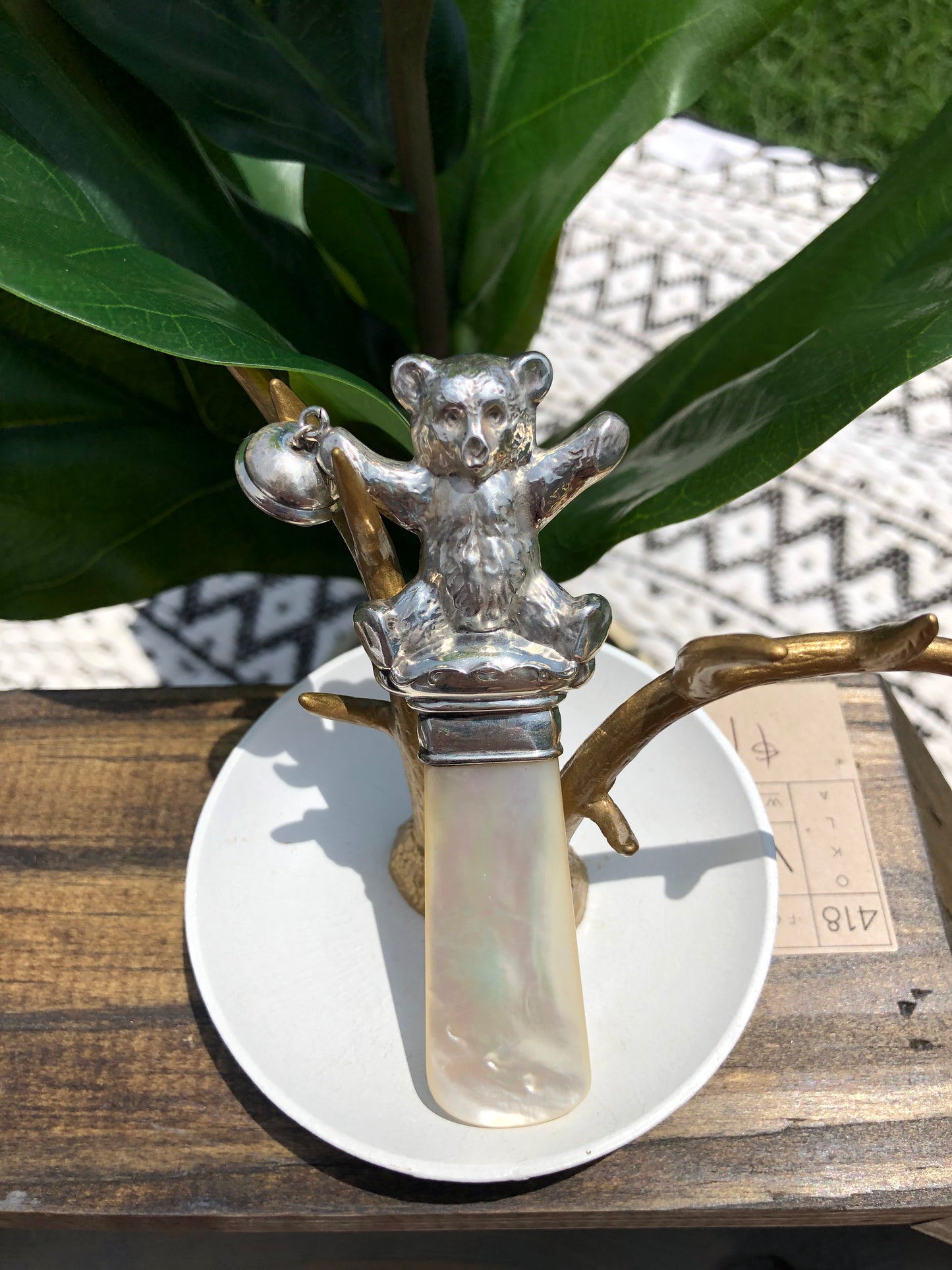 Vintage Sterling Silver Webster Co. Mother of Pearl Teddy Bear Rattle