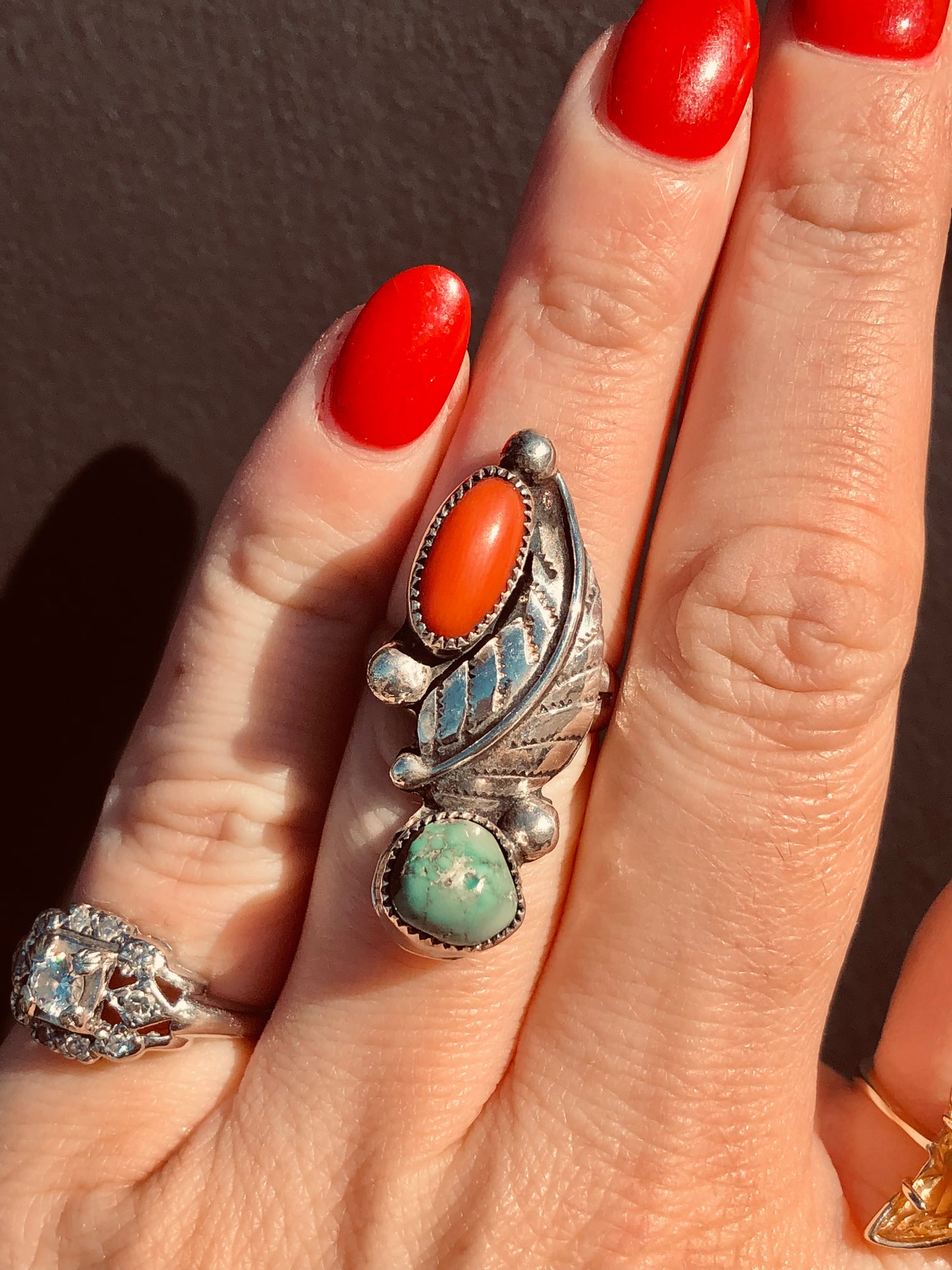 Native American Turquoise+Coral Ring