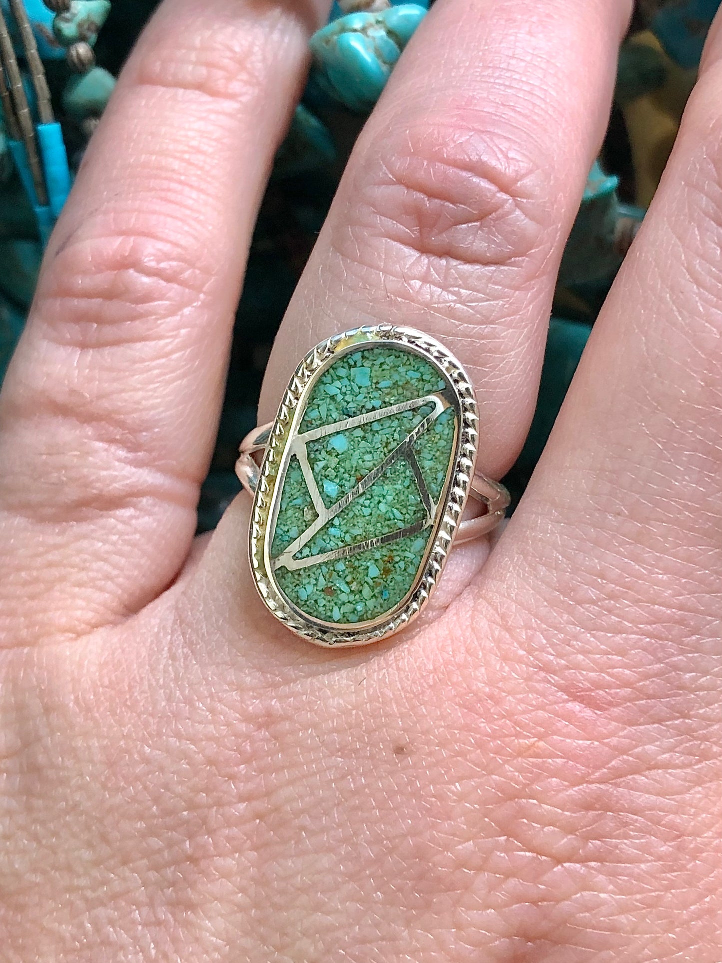 Sterling Silver Green Turquoise Chip inlay Ring