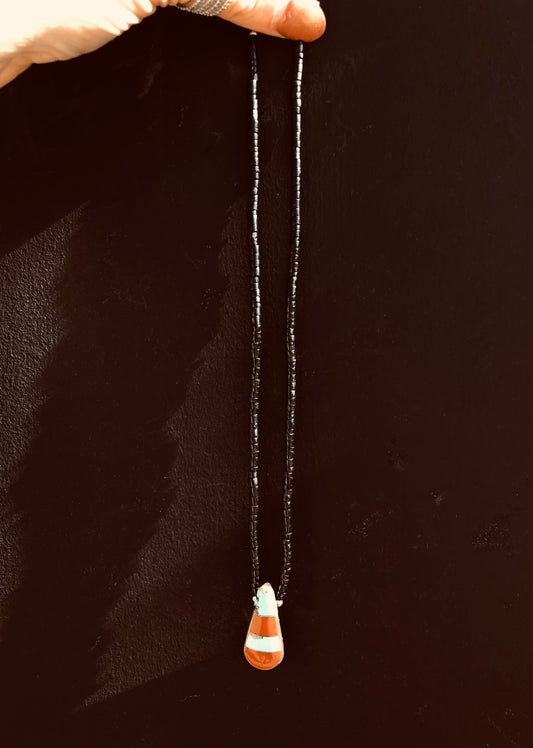 Old Vintage  Pawn Black Onyx, Turquoise, Jade + Coral Necklace