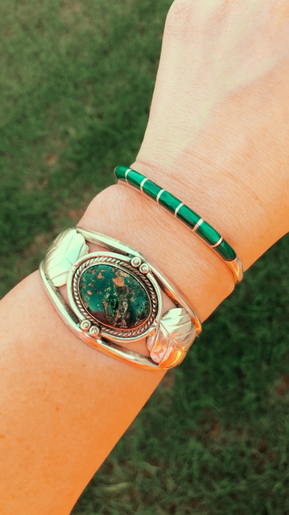 Vintage Sterling Silver Malachite Inlay Cuff Bracelet