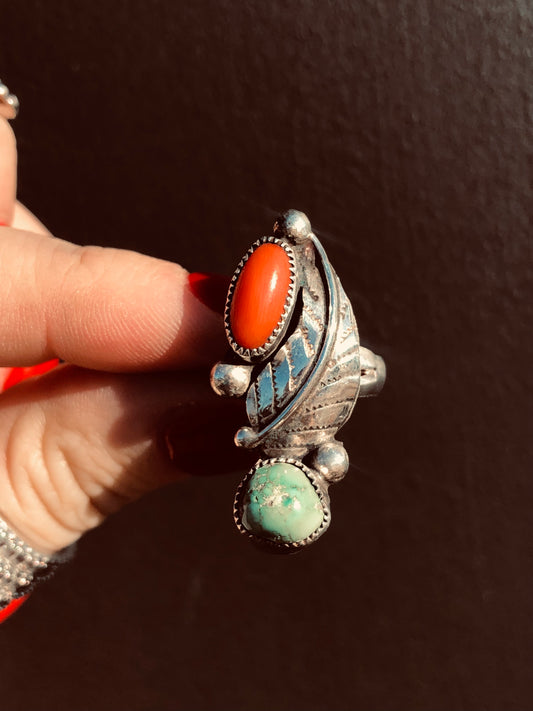 Native American Turquoise+Coral Ring