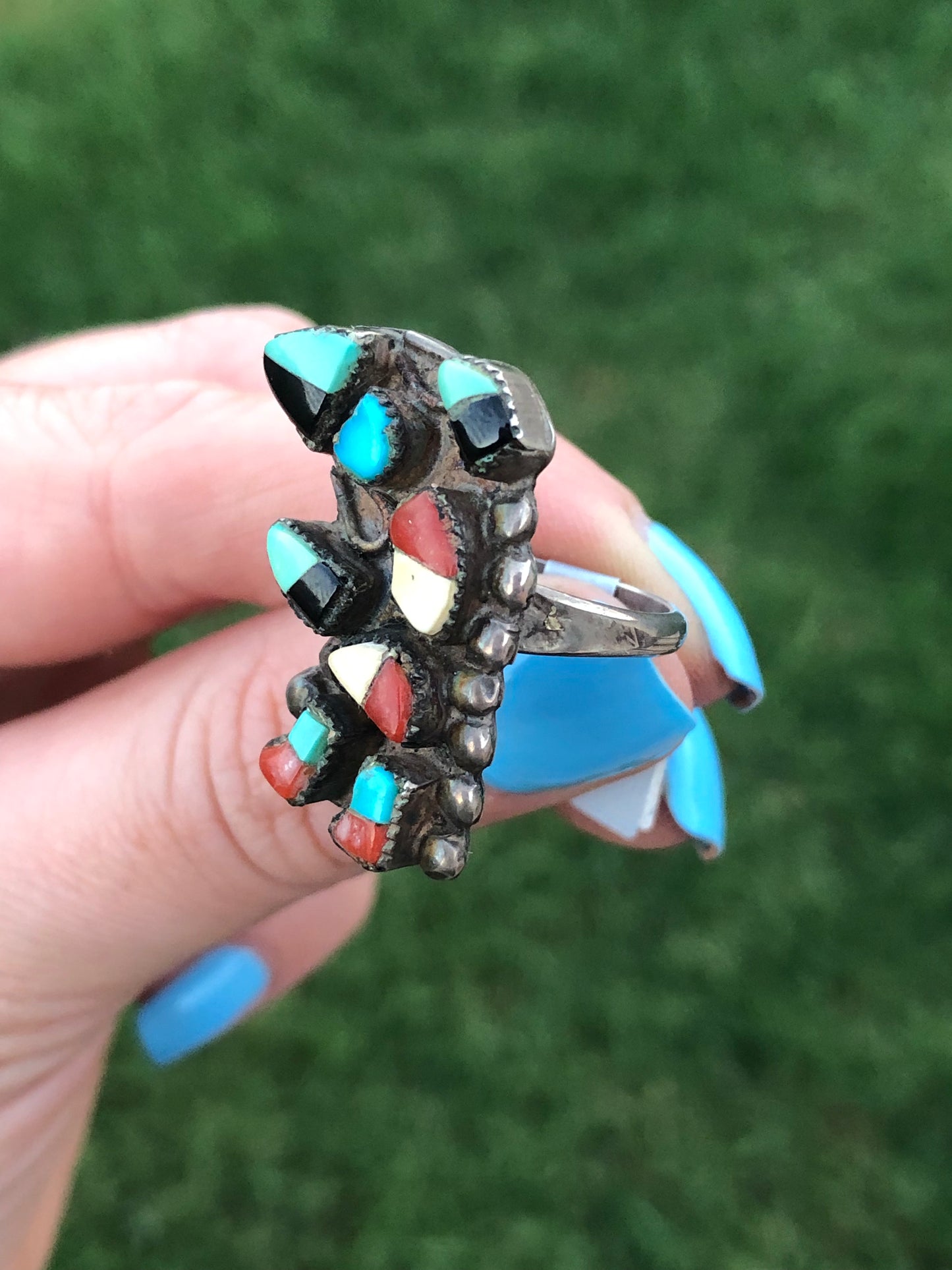Vintage Sterling Multi-Stone Native American Mosaic Dancer Kachina Ring
