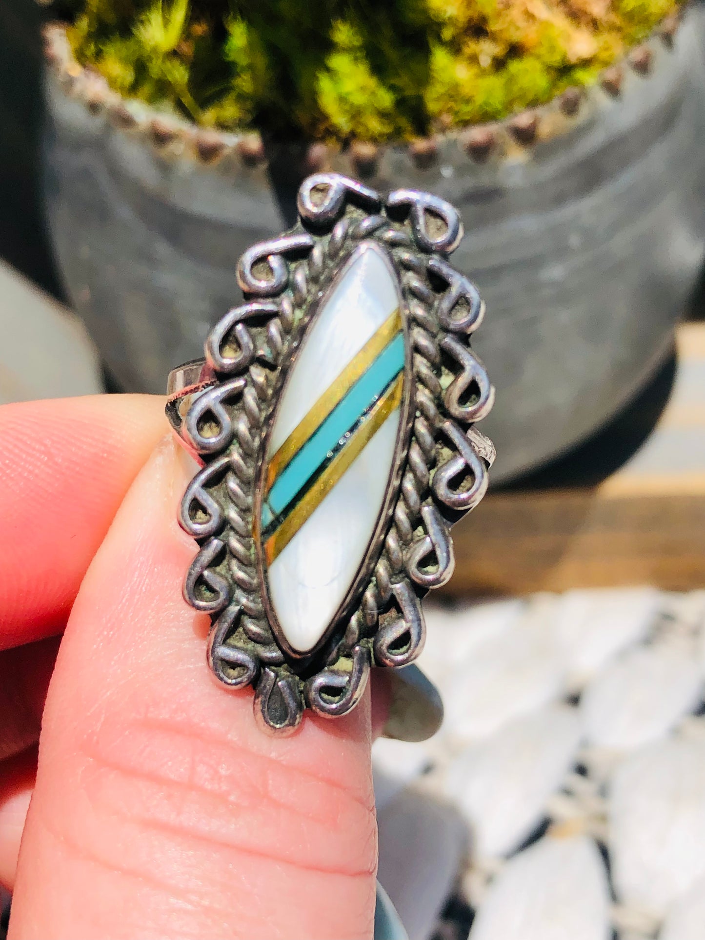 Vintage Sterling Mother of Pearl and Turquoise Ring
