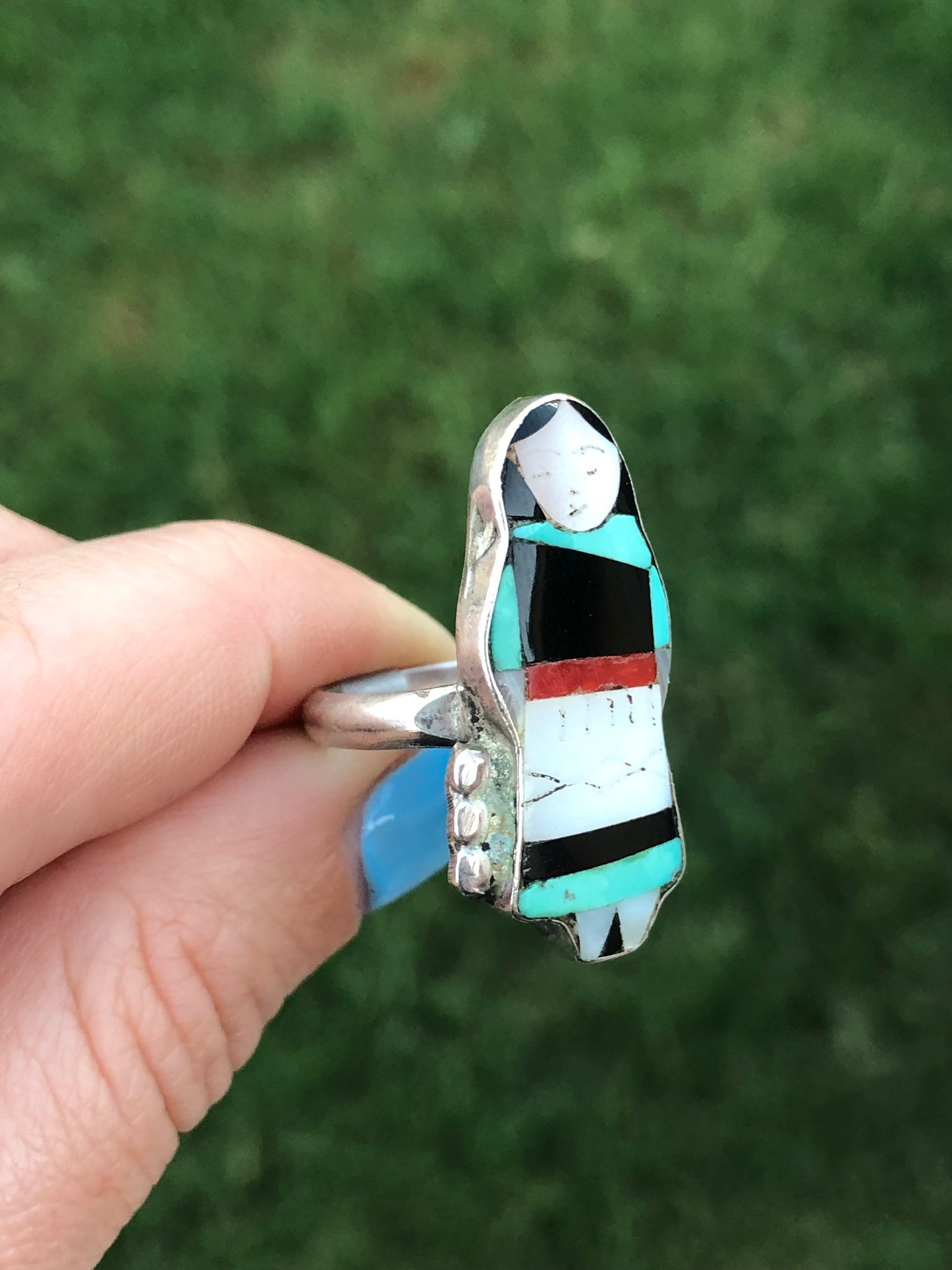 Vintage Handmade Sterling Silver Lady in Blue Ring
