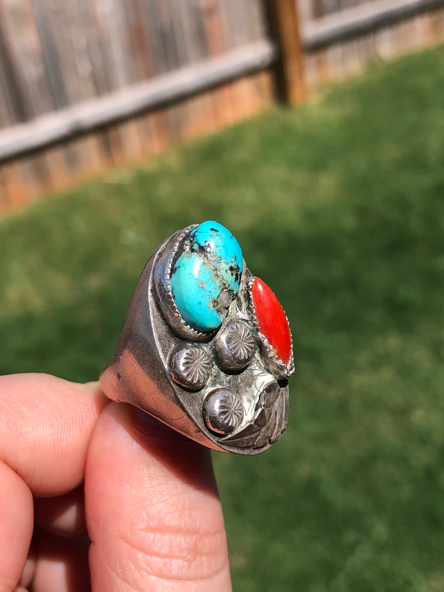 Vintage Sterling Silver Handmade Turquoise and Coral Ring