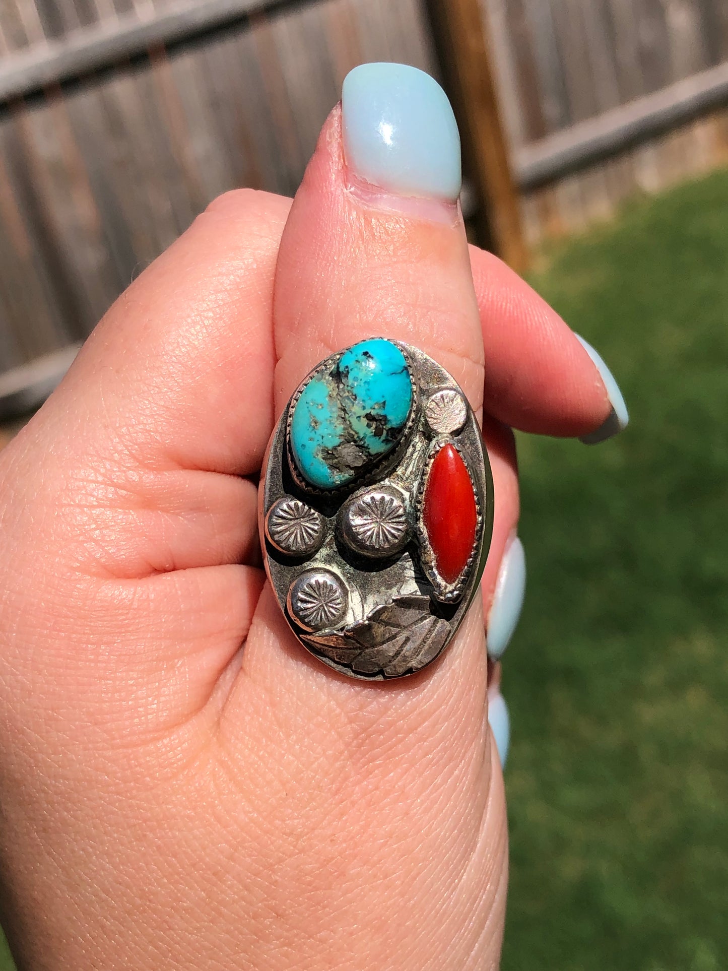 Vintage Sterling Silver Handmade Turquoise and Coral Ring