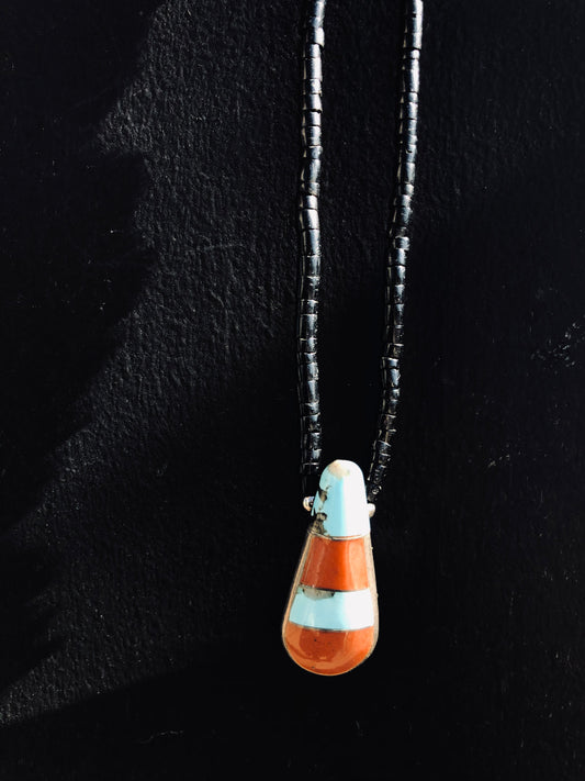 Old Vintage  Pawn Black Onyx, Turquoise, Jade + Coral Necklace