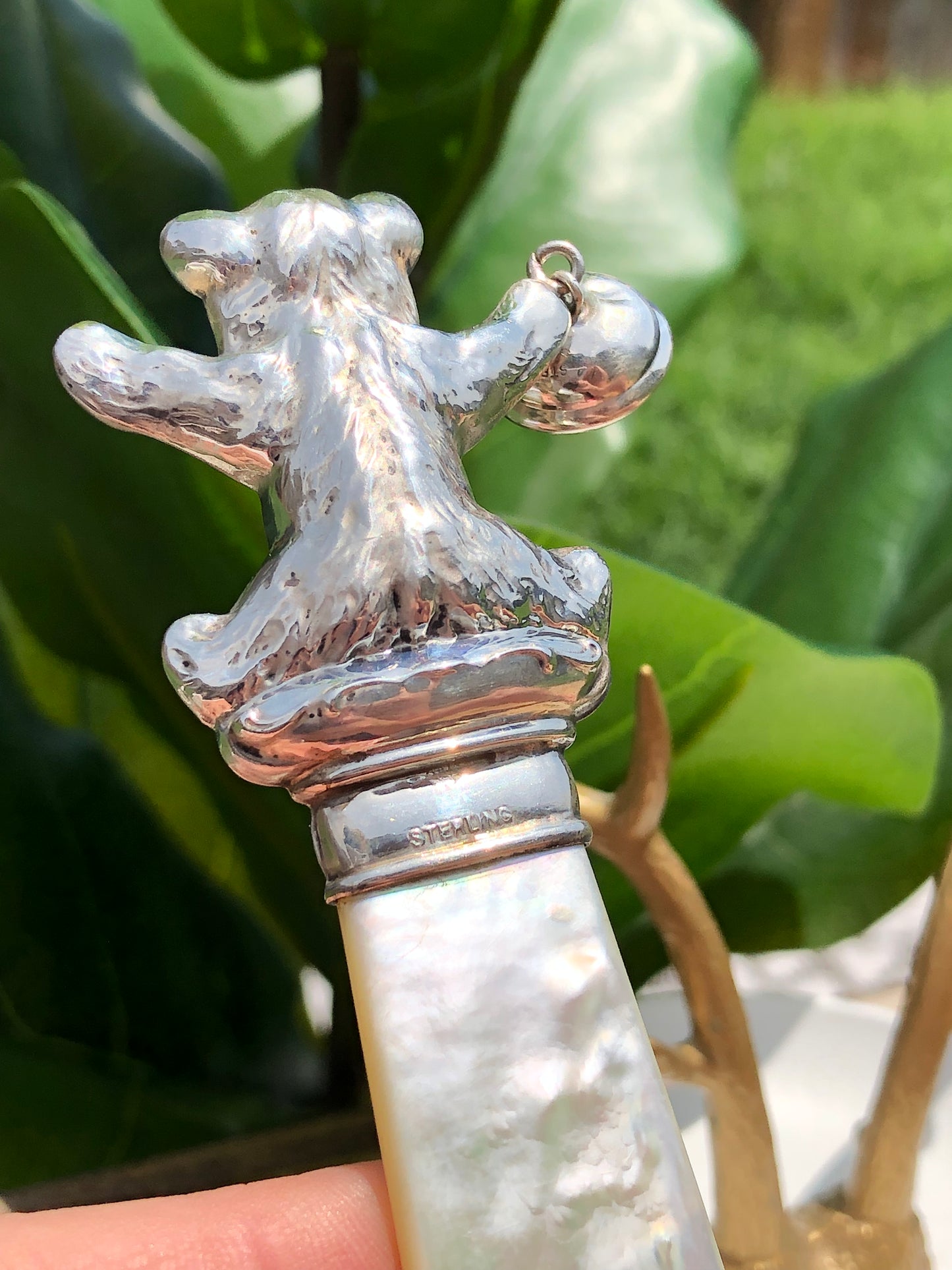 Vintage Sterling Silver Webster Co. Mother of Pearl Teddy Bear Rattle