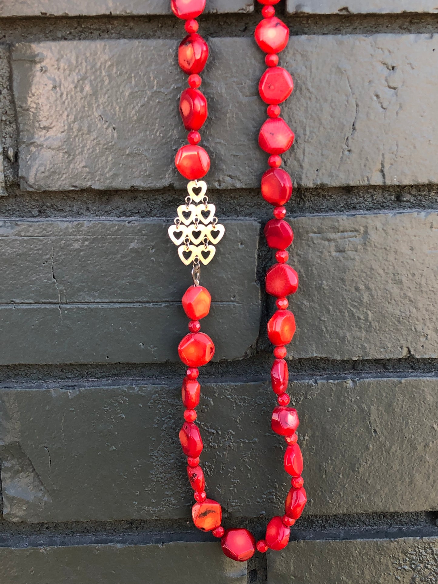 Sterling Silver Natural Coral Stone Heart Necklace