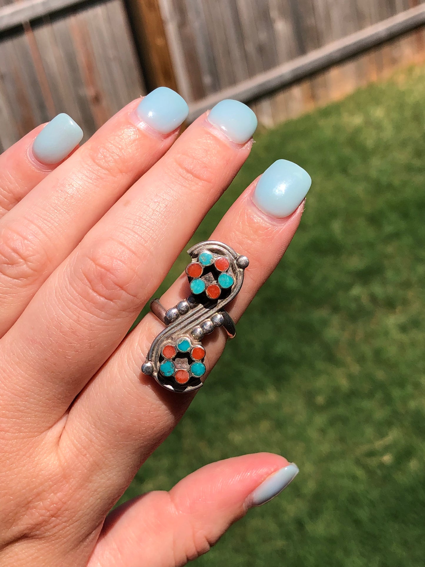 Old Pawn Vintage Sterling Silver Coral and Turquoise Ring